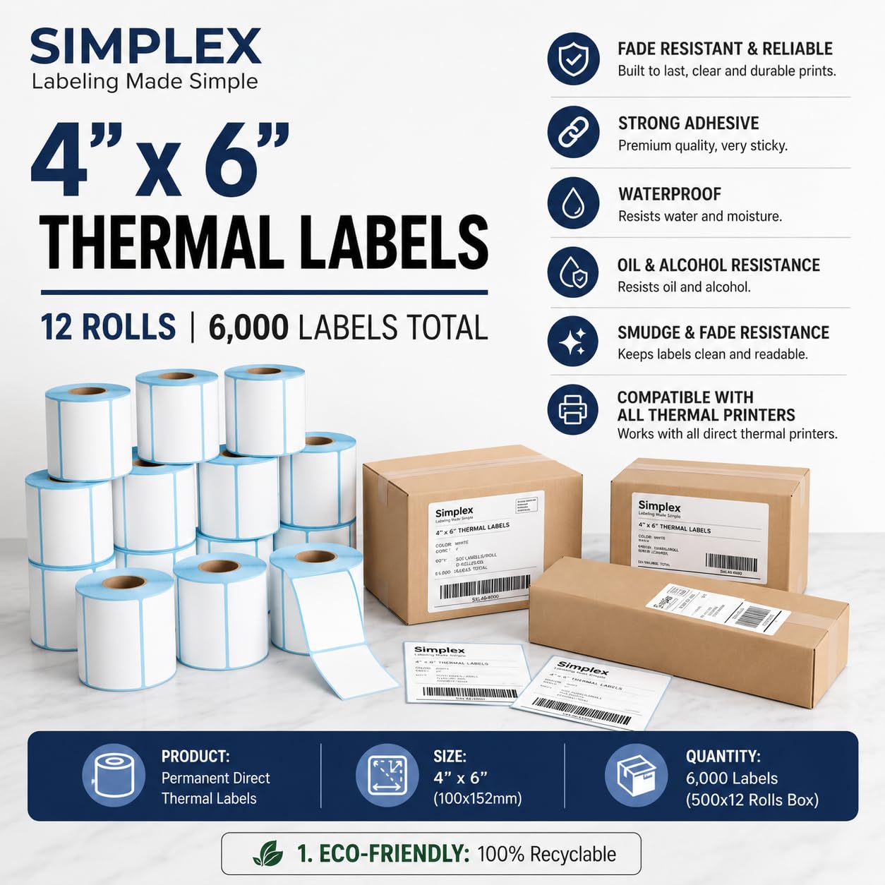 Simplex 100 x 150 mm (4" x 6") Premium Coated Self-Adhesive Direct Thermal Label for Most Thermal Printers £3.34 a roll [12 Rolls - 6000 Labels]