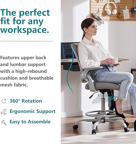 Miniatura 4 de SMUG Silla de dibujo para escritorio de pie, altura de mostrador ajustable, brazos abatibles, ergonómicas de malla con respaldo medio, sillas