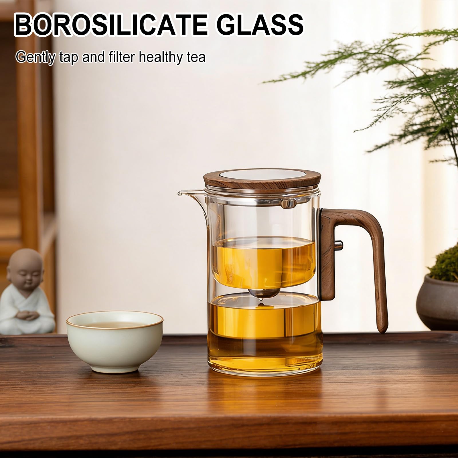 Teteras de Cristal,Tetera de cristal para separación de agua con filtro y mango de madera,Tetera mágica para té a Infusiones,tea infuser regalos para los amantes del té (600, Mililitros)