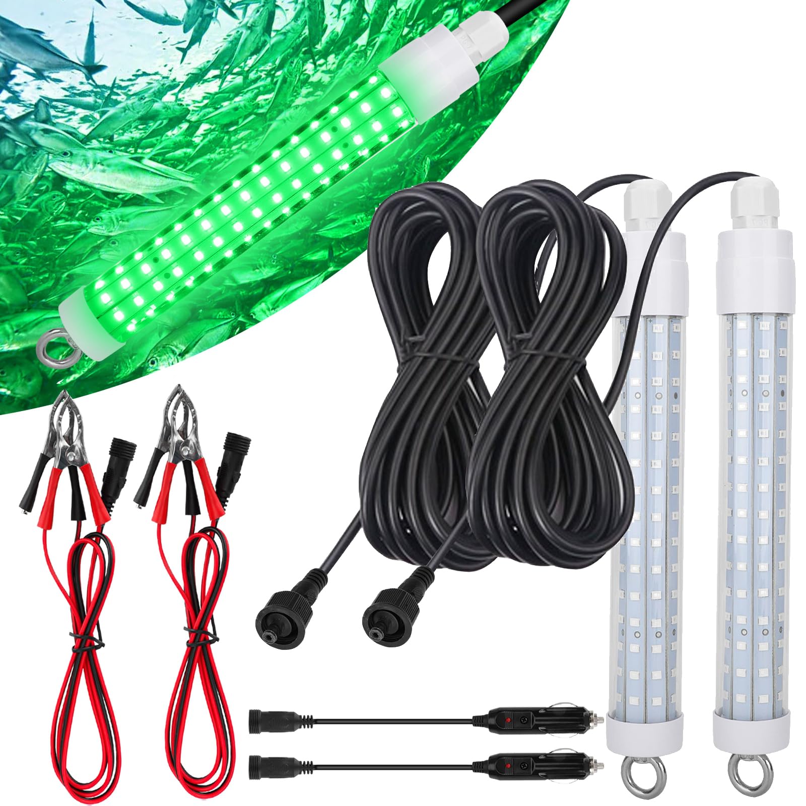 120 2835 SMD LED Underwater Fishing Light，8" 10.5W DC 12V 1000ML Green Night Fishing Finder Attractor, IP68 Submersible Boat Lamp for Lure Bait Snook Crappie, 22.3ft Cord Wire &Cigarette Adapter Wire