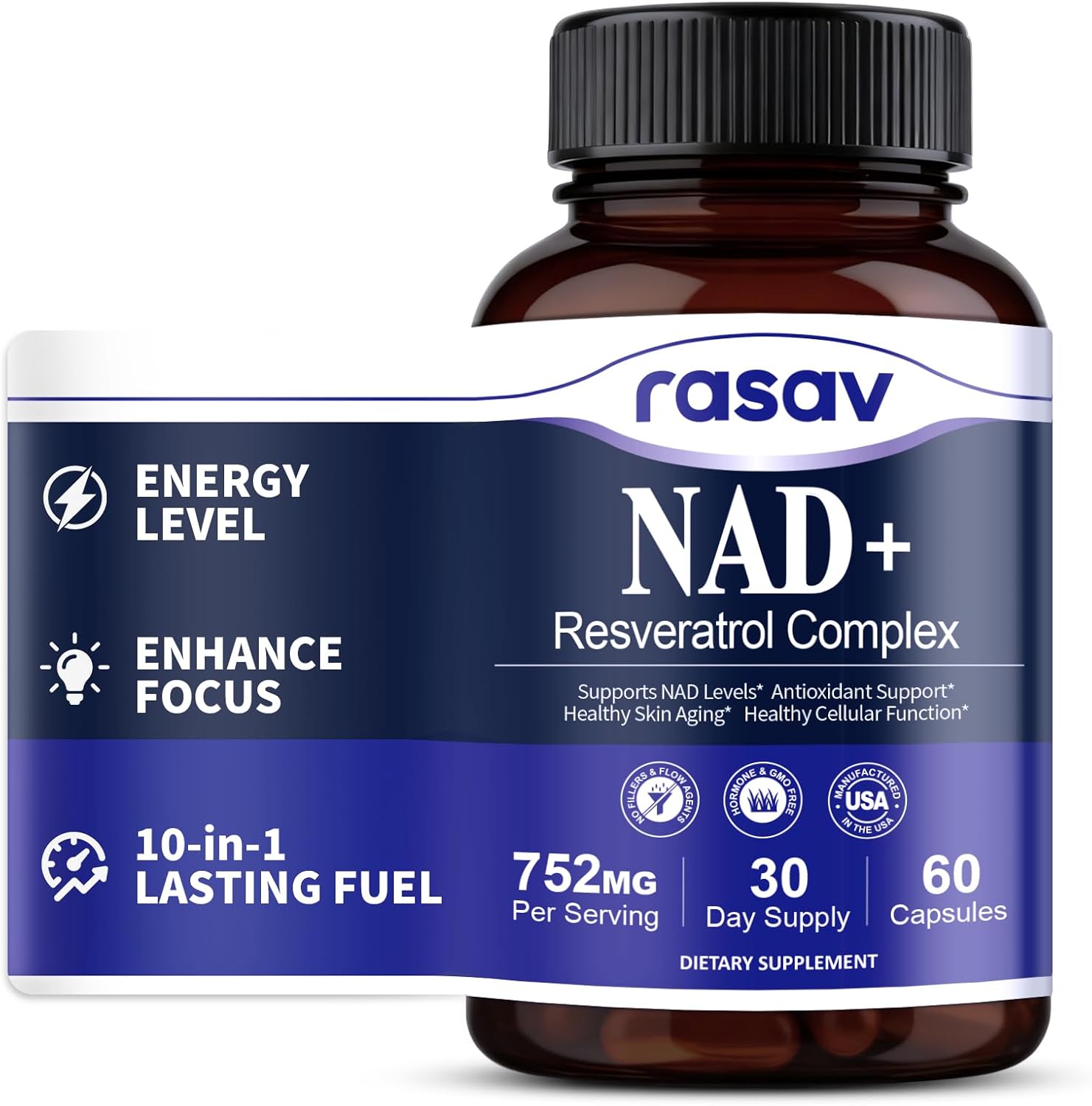 Rasav NAD Supplement 10-in-1 Extra Strength – NAD Resveratrol with CoQ10, Urolithin A, Green Tea Extract & ALA – NMN Supplement Alternative for Women & Men