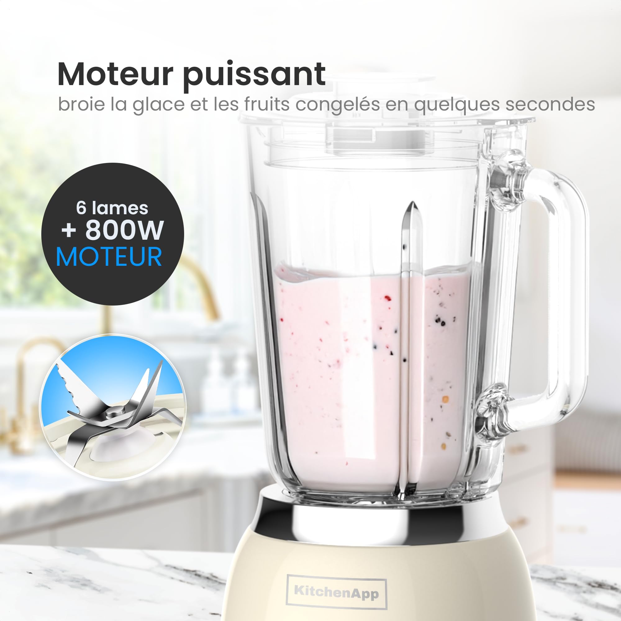 Blender Rétro 1,5L en Verre – Mixeur 800W avec Ice Crush, Smoothie & Pulse – Beige