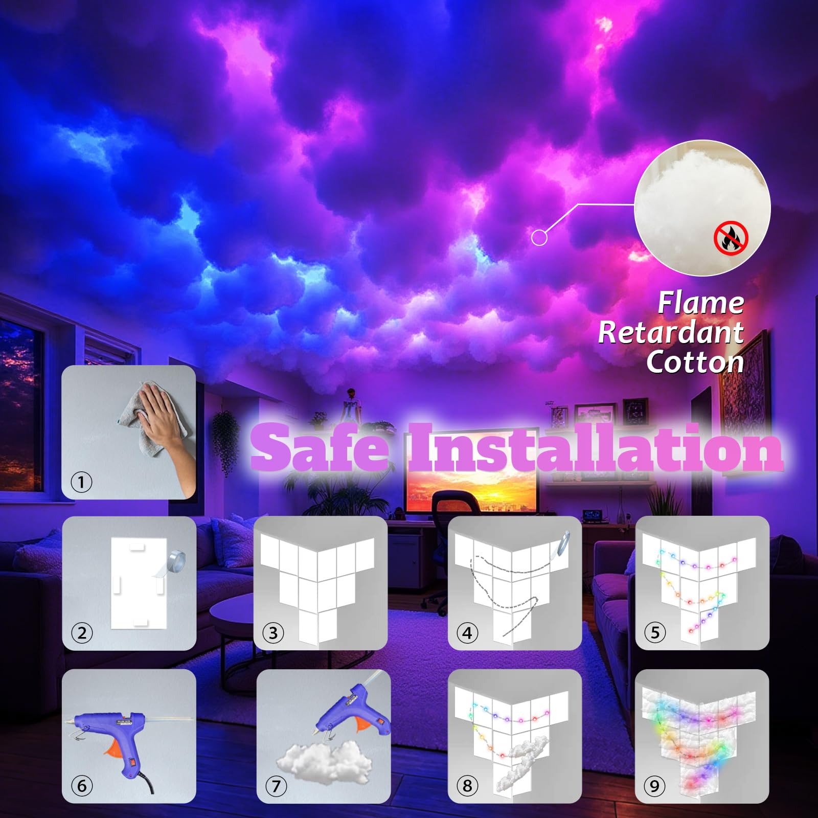 Wolkendecke LED Watte Licht, DIY RGB+IC Chasing Musik Sync 3D Baumwolle Deckenwolkenlicht mit APP und Fernbedienung zur Dekoration (5M)