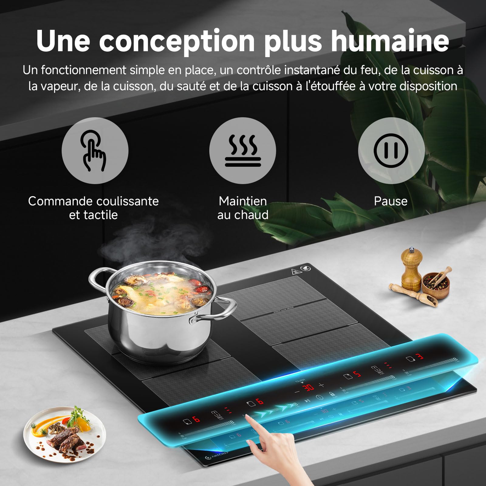 AMZCHEF Plaque Induction 4 Feux avec Deux Zones Flexibles, Plaque de Cuisson Induction 4 Zones avec Fonctionnement Silencieux (42dB), 9 Niveaux et Booster, Barbecue, Pause et Maintien au Chaud, 7400W