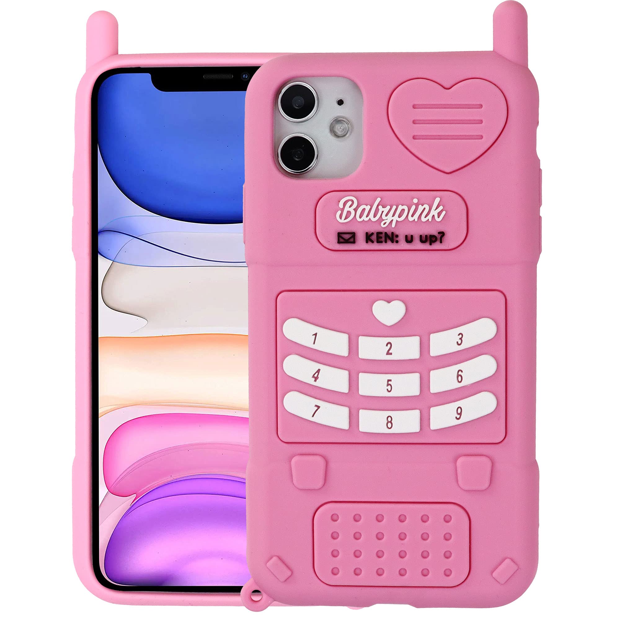 Tonvizern for iPhone 11 6.1'' Case, iPhone 11 3D Cartoon Cute Retro Love Heart Classic Cellular Phone Shaped Case, Kids Women Girls Soft Silicone Rubber Cover Case for iPhone 11 (Pink)