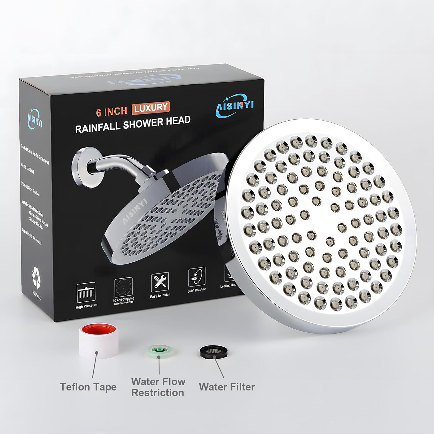 High Pressure Rainfall Shower Head, 6 Inches Luxury Modern Showerhead with Perfect Adjustable Replacement, Removable Restrictor, Easy Installation for Your Bathroom Shower Heads(Chrome Plated)
