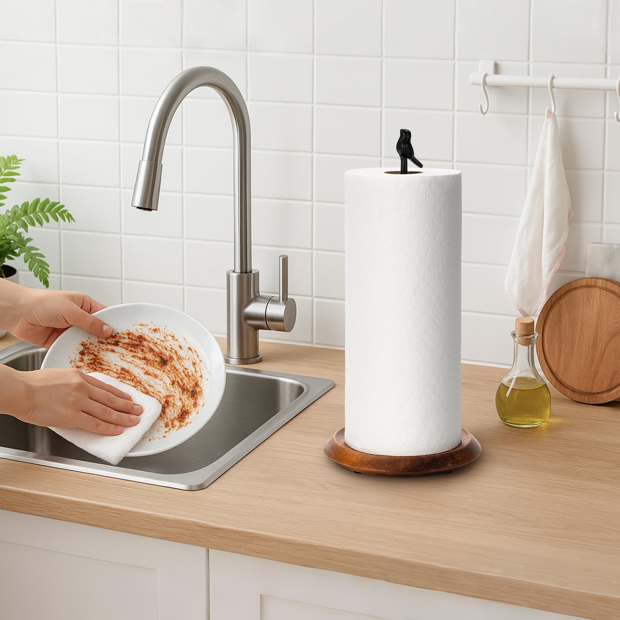 SUNNEKO Wood Paper Towel Holder, Black Kitchen Roll Holder Free Standing, Easy Tear Rustic Kitchen Tissue Holder for Dining Table - Image 2
