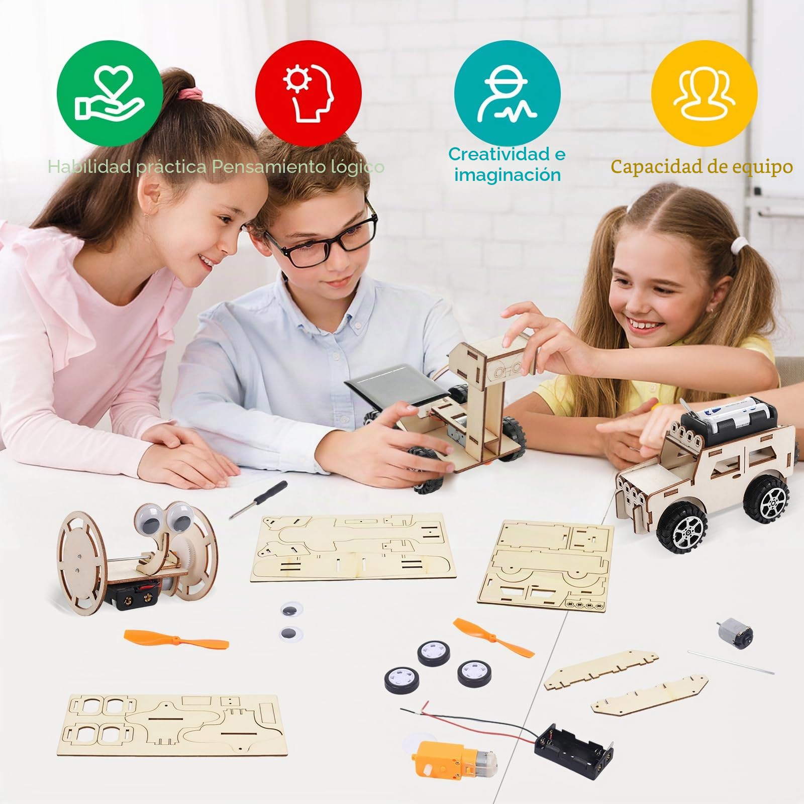 6 piezas de set de experimentos, kit de electrónica, kit de experimentos, kit de electrónica 6-en-1 de madera STEM experimentos ciencia conjunto de madera coches aviones vehículos espaciales regalo