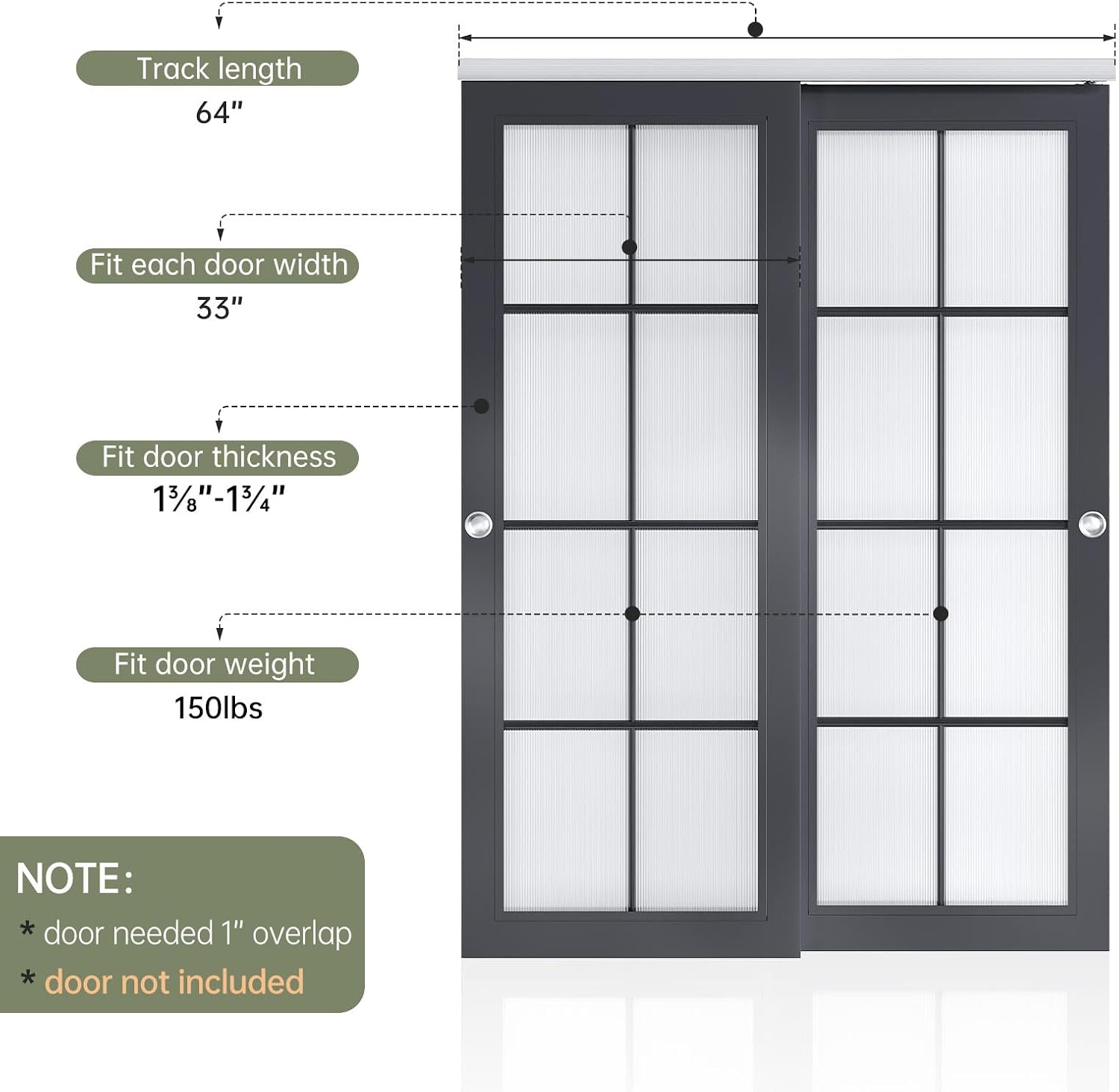 EaseLife 5.3FT/64in Bypass Double Sliding Pocket Door Hardware Kit,Commercial Grade,Aluminum,Bypassing Closet Doors Track for 2 Door System,Slide Smoothly Quietly,Easy Install,No Doors