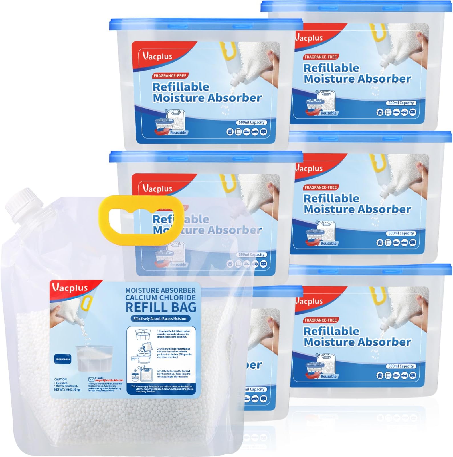 Vacplus Moisture Absorbers 6 Pack, Refillable Dehumidifier for Closet with a 3LB