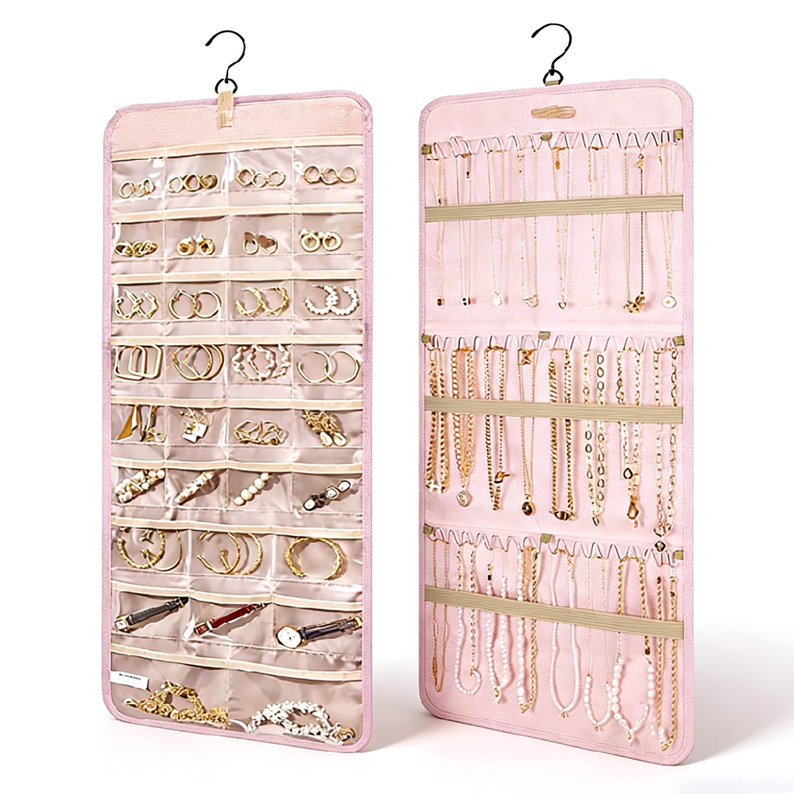 Rthynti Hanging Jewellery Organiser, Dual-Sided Jewellery Storage with Metal Hooks, Necklace Storage with 48 Pockets And 3 Wave-Shaped Hooks for Earrings Necklaces Rings (Pink)