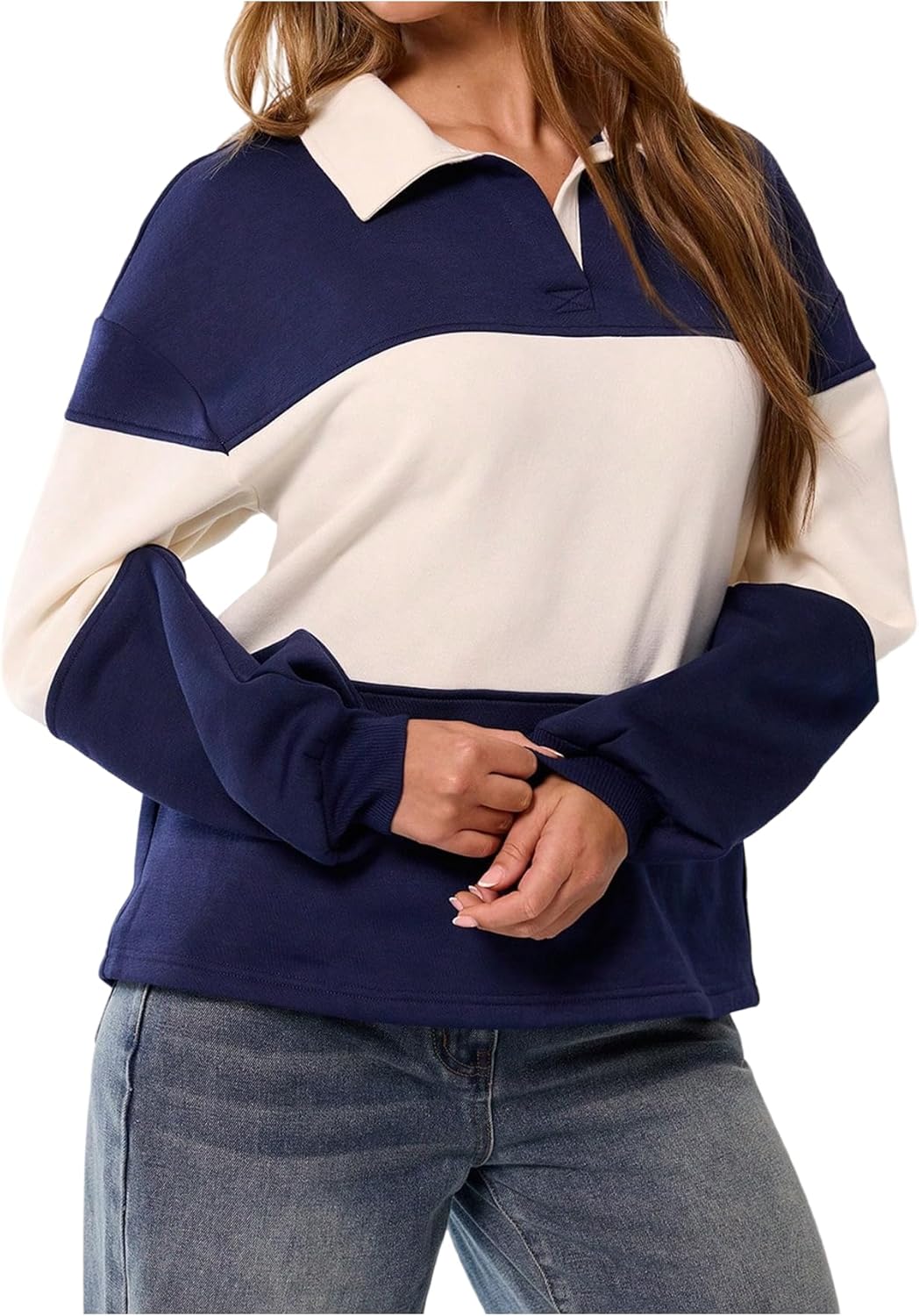 Milumia Women's Striped Color Block Long Sleeve Sweatshirt Collared Loose Fit Pullovers