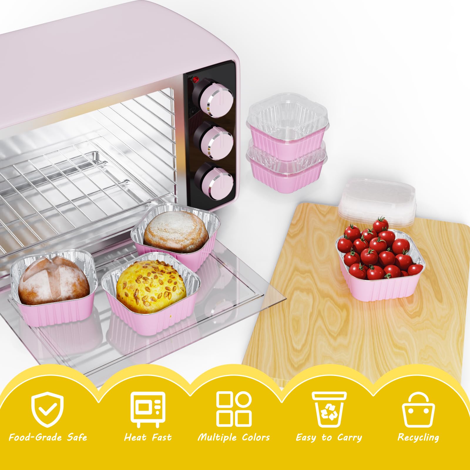 Paquete de 50 mini moldes cuadrados para tartas con tapas, mini moldes para pan con tapas, vasos de papel de aluminio para hornear, vasos desechables para cupcakes, tazas de postre para bodas,