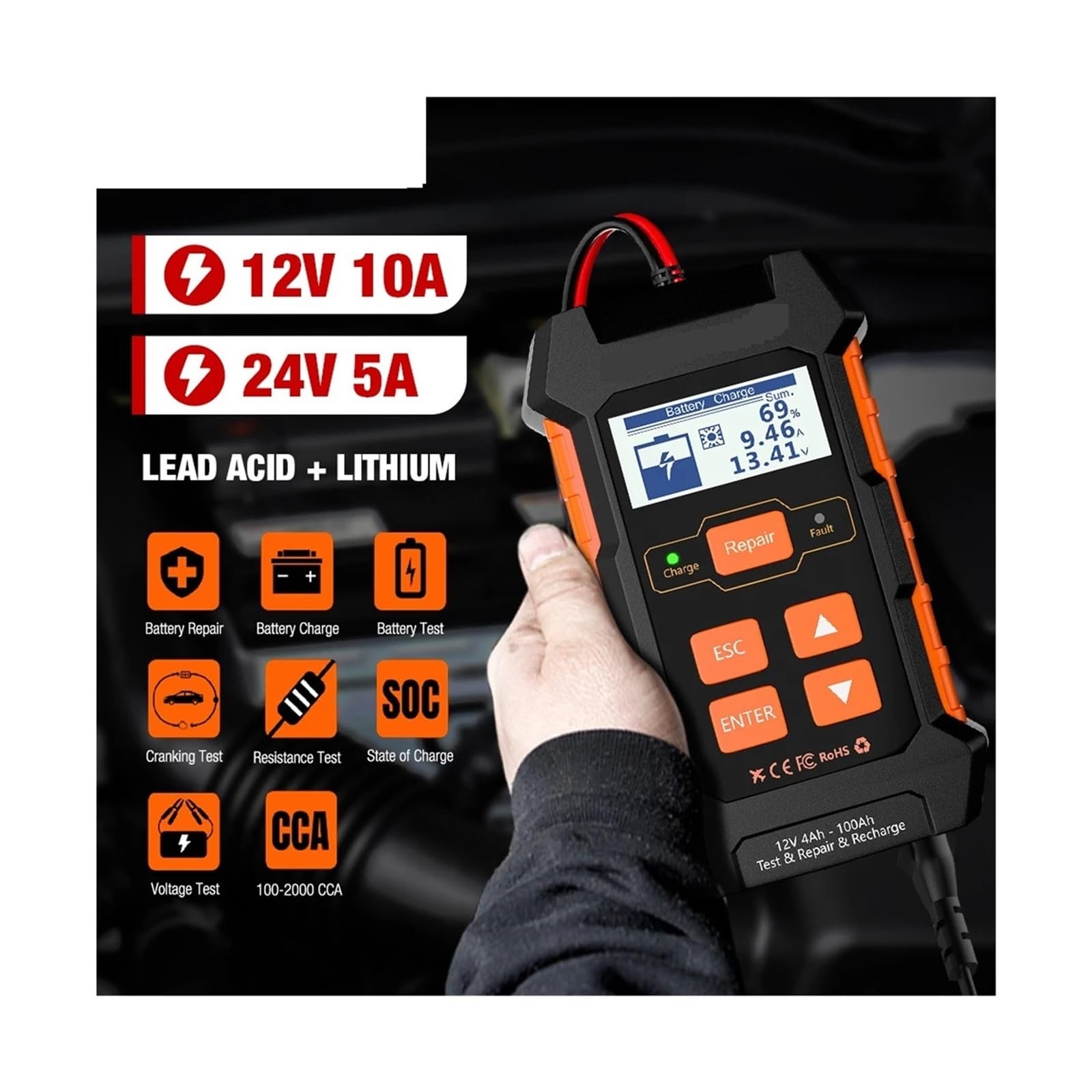 KW520 12V 10A 24V 5A Automatyczny tester akumulatorów samochodowych Ładowarka kwasowo-ołowiowa Narzędzie do naprawy akumulatorów samochodowych Żel litowo
