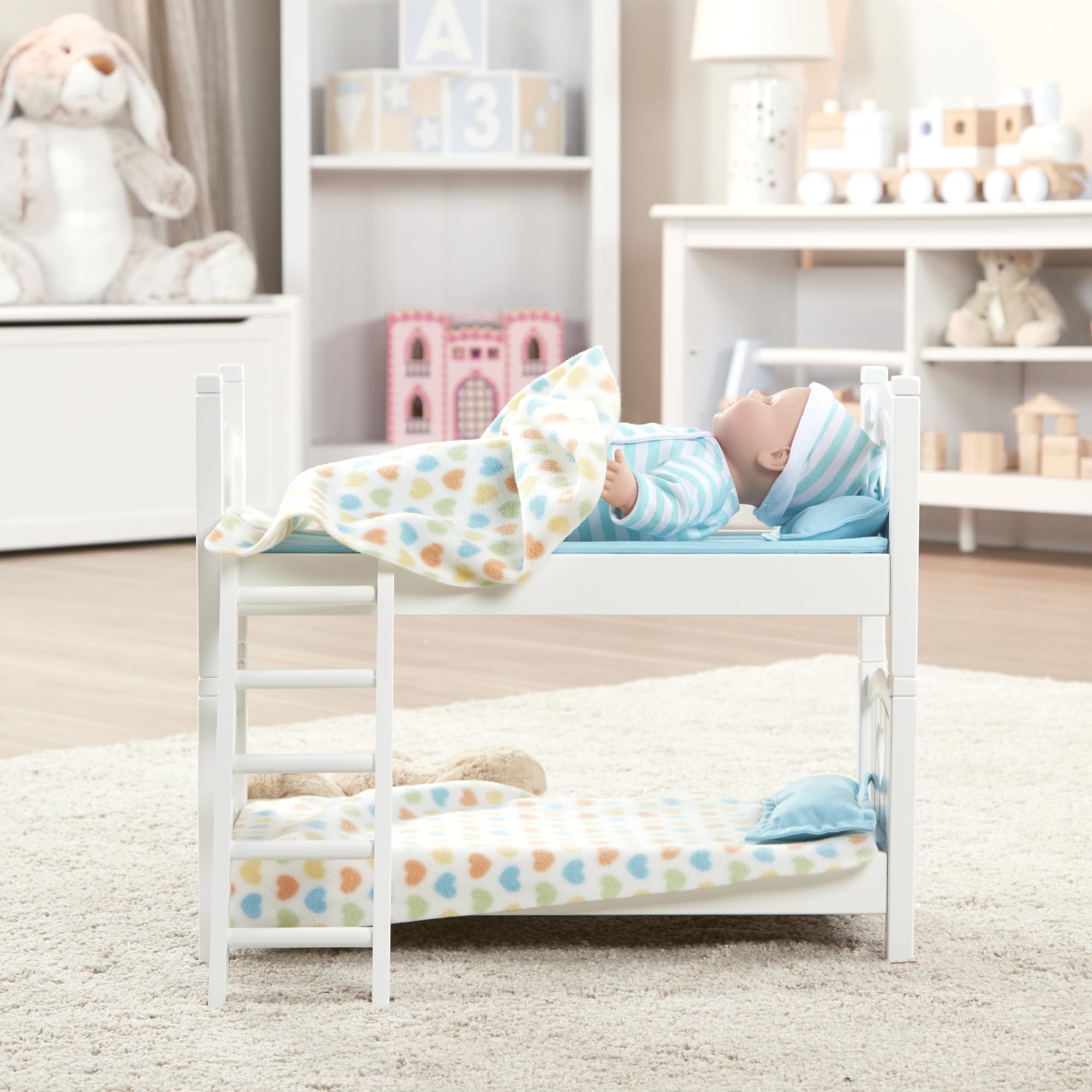 Melissa & Doug Mine to Love Wooden Play Bunk Bed for Dolls up to 18 inches-Stuffed Animals - White (2 Beds, 17.4”H x 9.1”W x 20.7”L Assembled and Stacked)