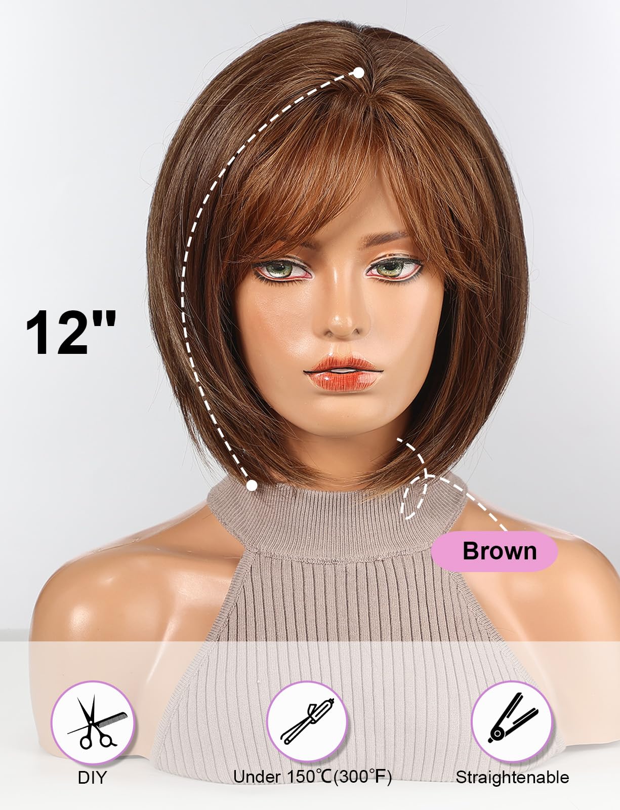 HAIRCUBE Bob Wigs for Women Synthetic Wig with Fringe Brown Color, 21 to 23 Inch - Image 3