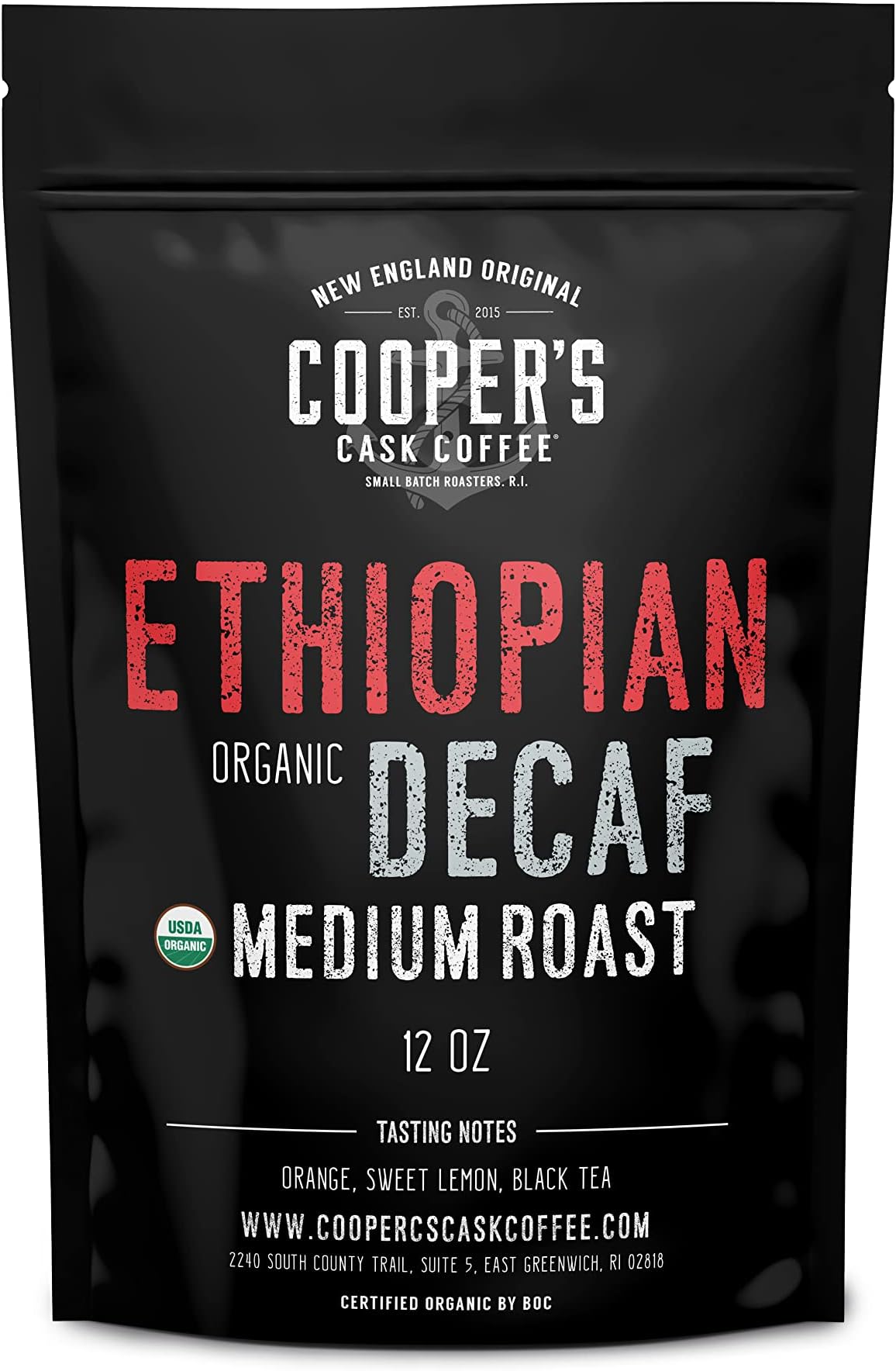 Organic Ethiopian Decaf Water Processed, Medium Roast, Ground Coffee (12oz Ground)