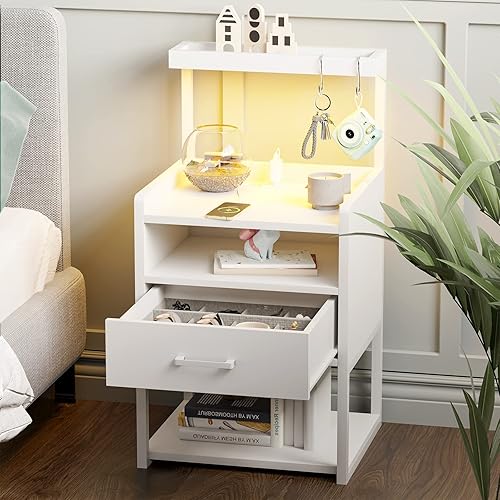 Miniatura 7 de AOGLLATI Mesita de noche LED con estación de carga, mesita de noche blanca para dormitorio, mesita de noche con cajón de almacenamiento y luz LED,