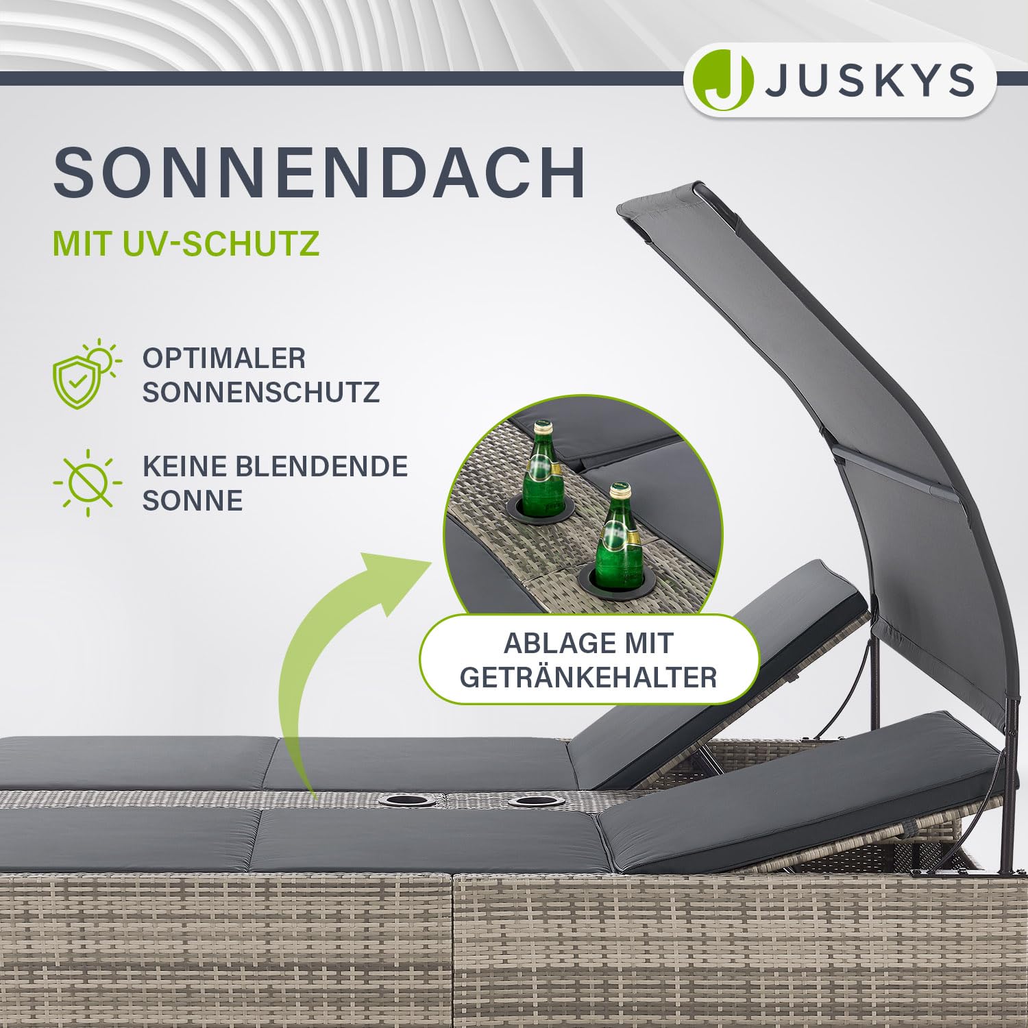 Juskys Polyrattan Doppelliege Syros - Garten Sonnenliege für 2 Personen - Outdoor Liege mit Dach & Auflagen - Kopfteil verstellbar - Grau-meliert