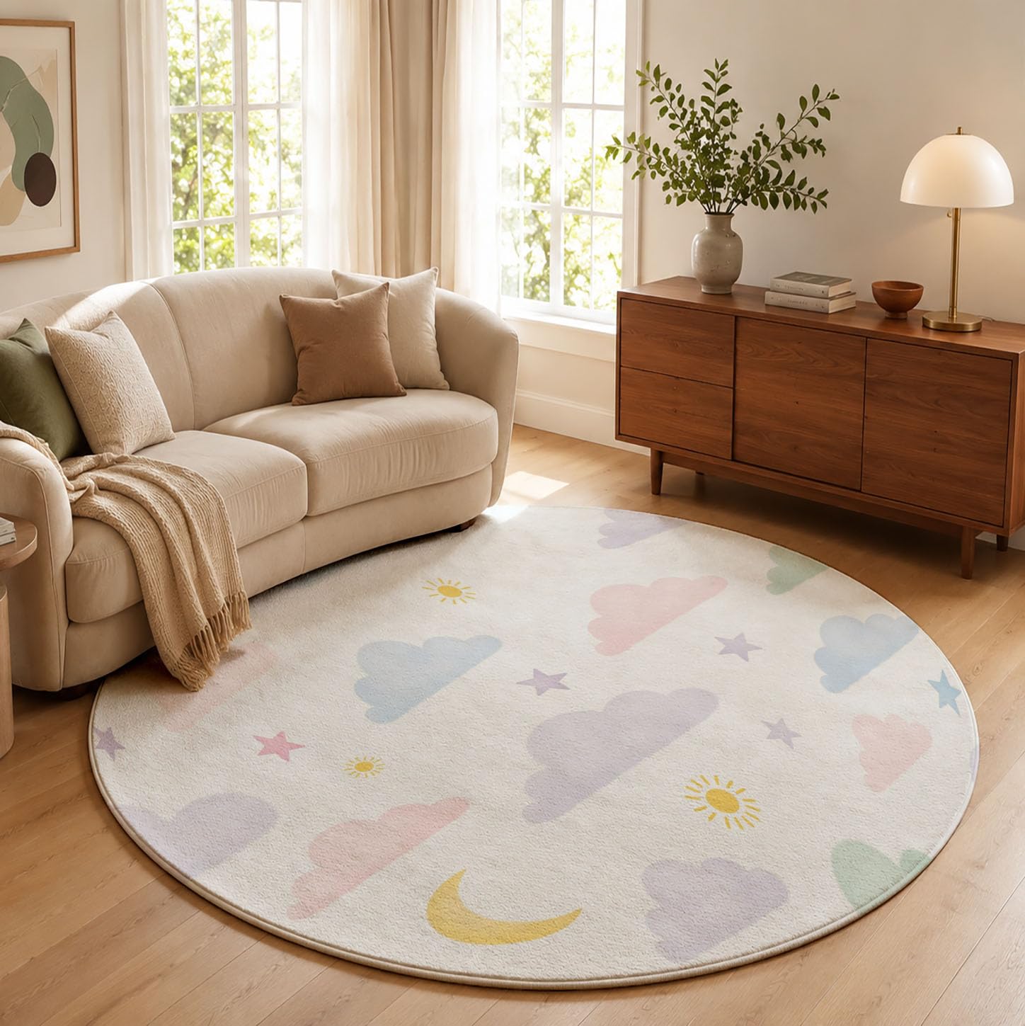 Tapis Poil Court Rond Thème De Bonne Nuit, Tapis Moelleux Imitation Cachemire Chambre Salon Nuages Et Lune Moquette Doux Lavable pour Salle à Manger Chambre D’Enfant (Blanc, 100cm)