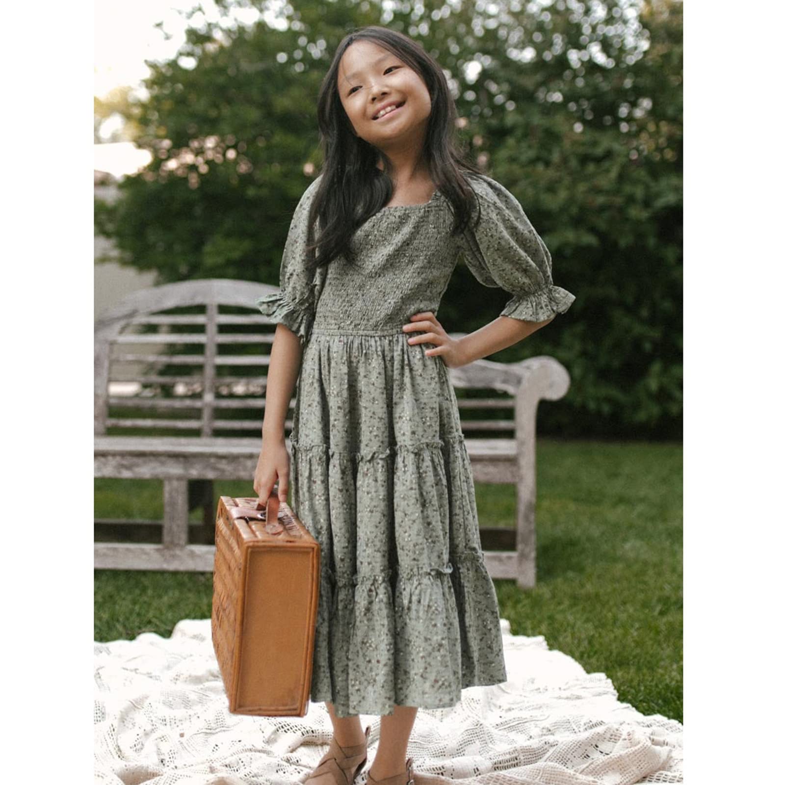 Kids Baby Little Girls Summer Puff Sleeve Floral Backless Princess Dress Ruffle Casual Dresses (Army Green, 11 Years) : Clothing, Shoes & Jewelry