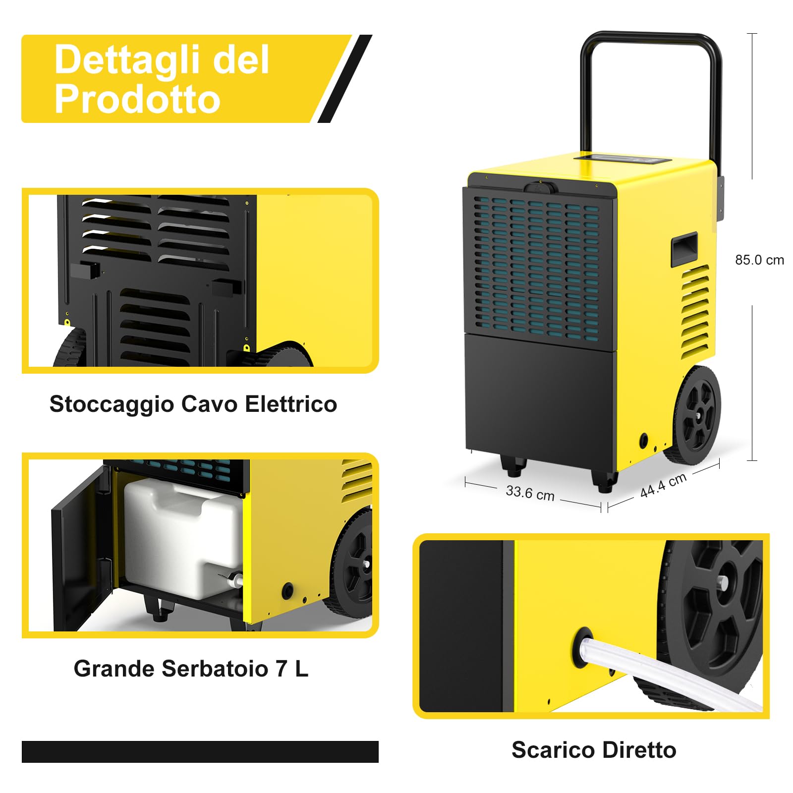 Deumidificatore Elettrico Professionale (max 30 L/24h), con Serbatoio Grande Capienza 7 L e Scarico Automatico, Ideale per Casa, Cantine e Locali fino a 90 m²/230 m³