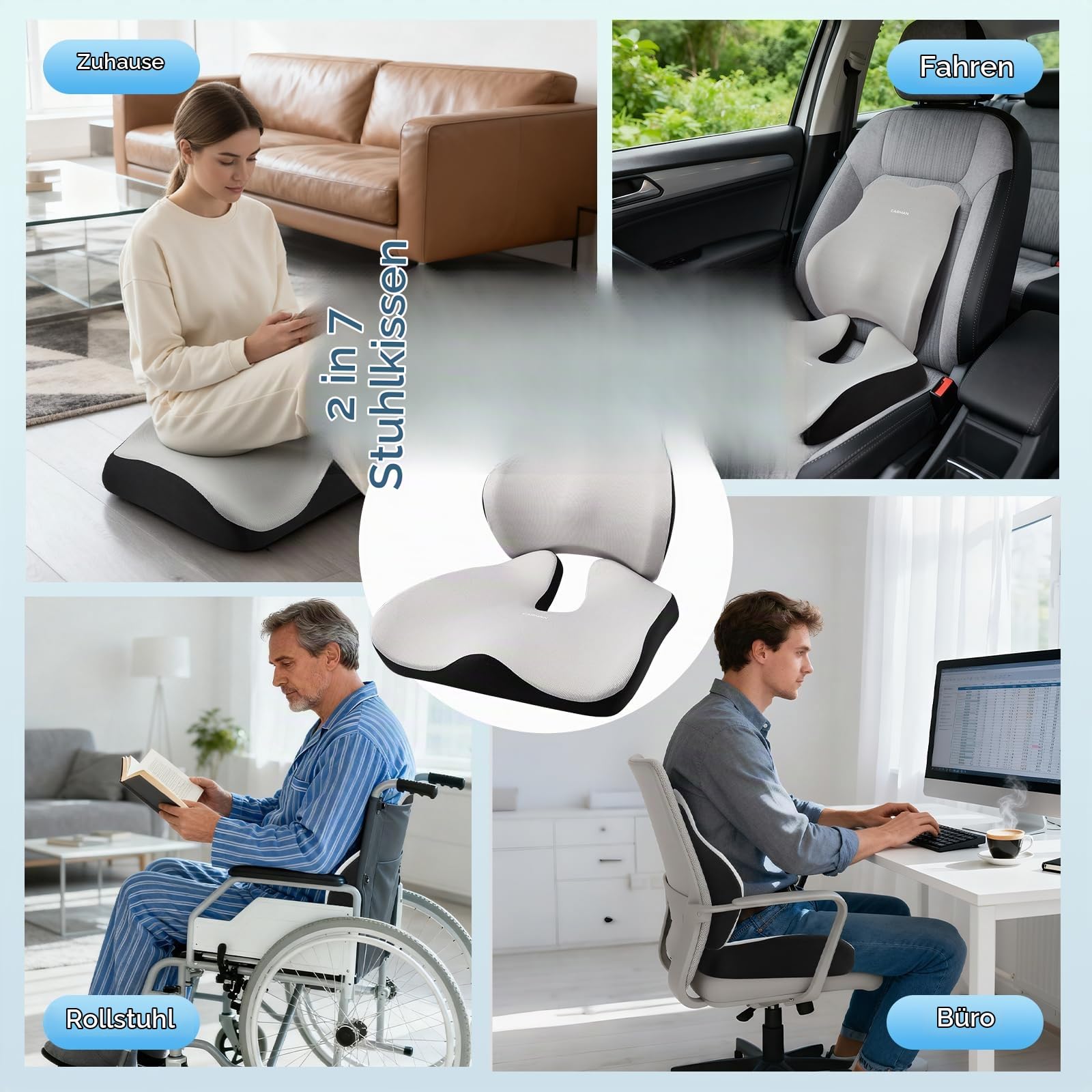 Sitzkissen und Rückenkissen, Orthopädisches Druckentlastungskissen für das Steißbein, Ergonomisches Steißbeinkissen, Memory Foam für Büro und Auto