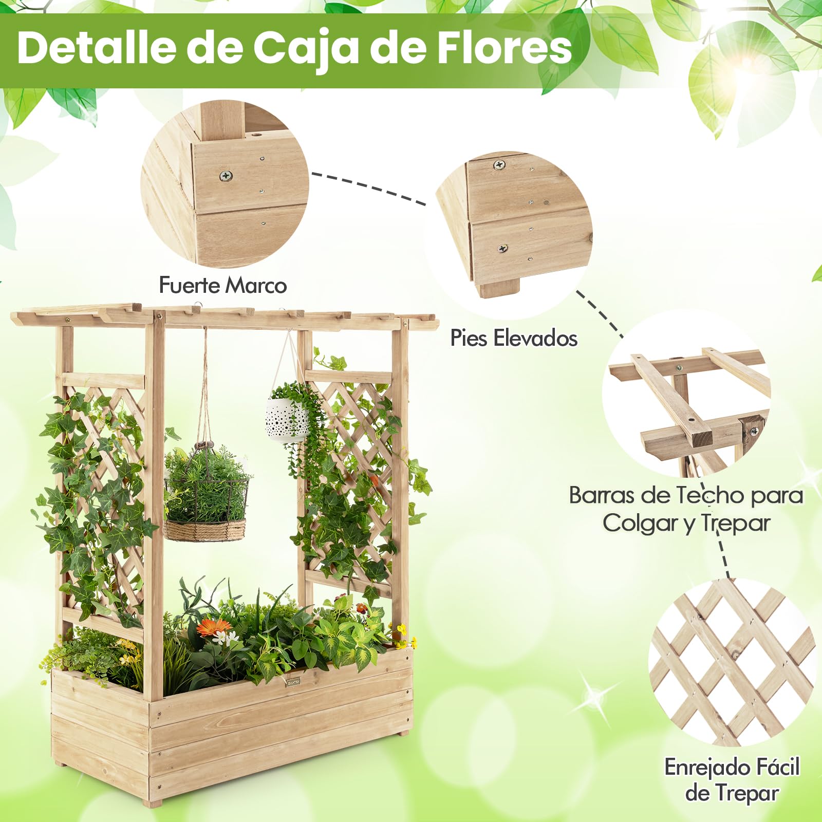 COSTWAY Jardinera Elevado con Enrejado Arqueado, Techo Colgante, Macetero, Orificios de Drenaje, Contenedor Vertical de Plantas, Macetero de Madera Interior Exterior para Jardín Patio (Natural)
