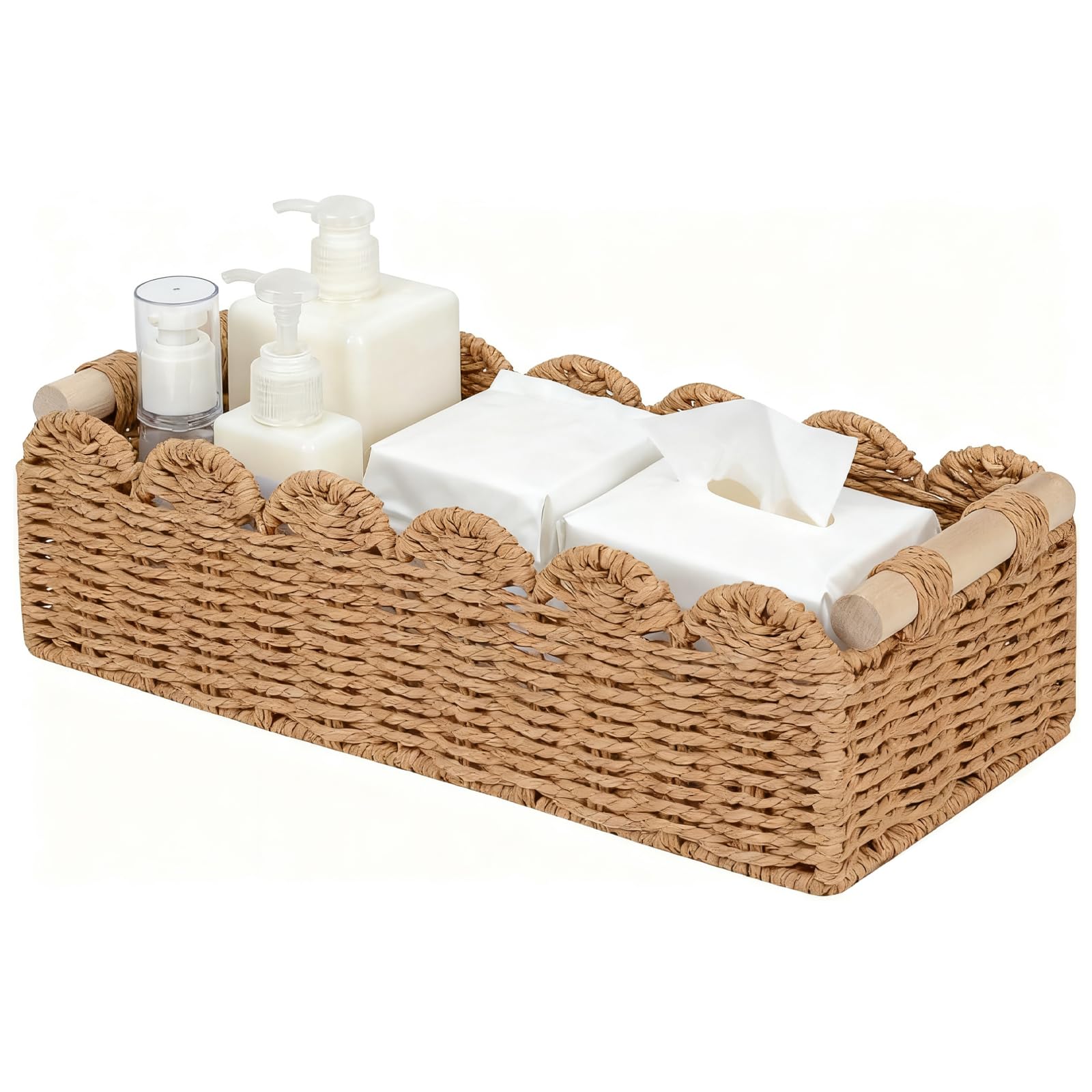 Wicker Storage Basket with Wooden Handles for Toiletries Woven Bathroom