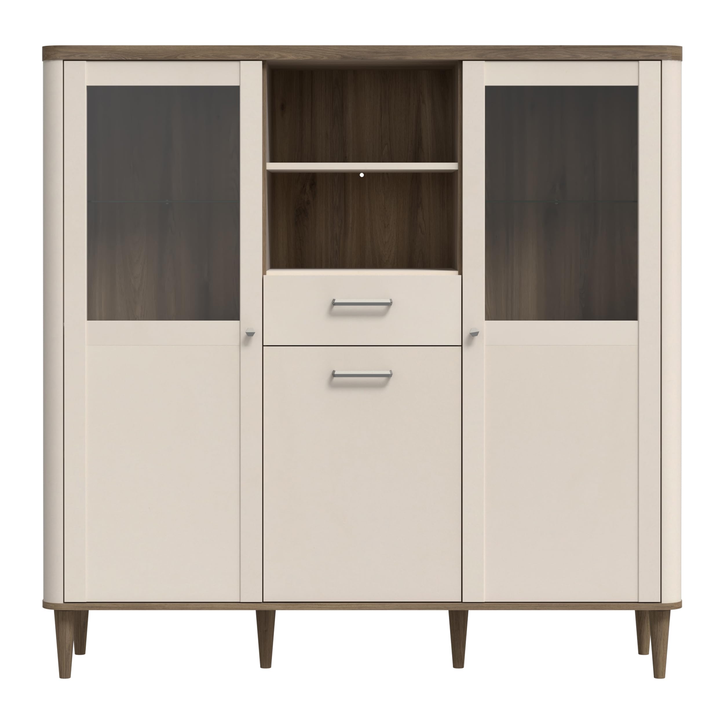 Forte LACETTI Highboardvitrine 150, Moderne Wohnzimmervitrine mit Skandi Lamellen Design, 3-türig, 1 Schublade, Kaschmir|Beige|Valencia Eiche Holzdekor, 144,8 cm breit x 142,9 cm hoch x 41,2 cm tief