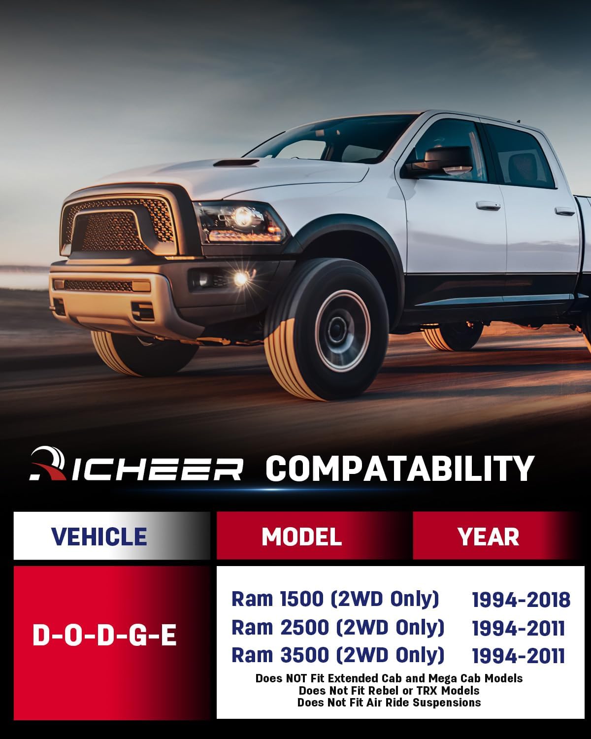 Richeer 2'' Front Leveling Lift Kit for 1994-2018 Ram 1500 2WD, 1994-2011 2500 3500 2WD, Compatible with Ram 1500 2500 3500 2WD Forged Strut Spacers Raise your Car by 2''