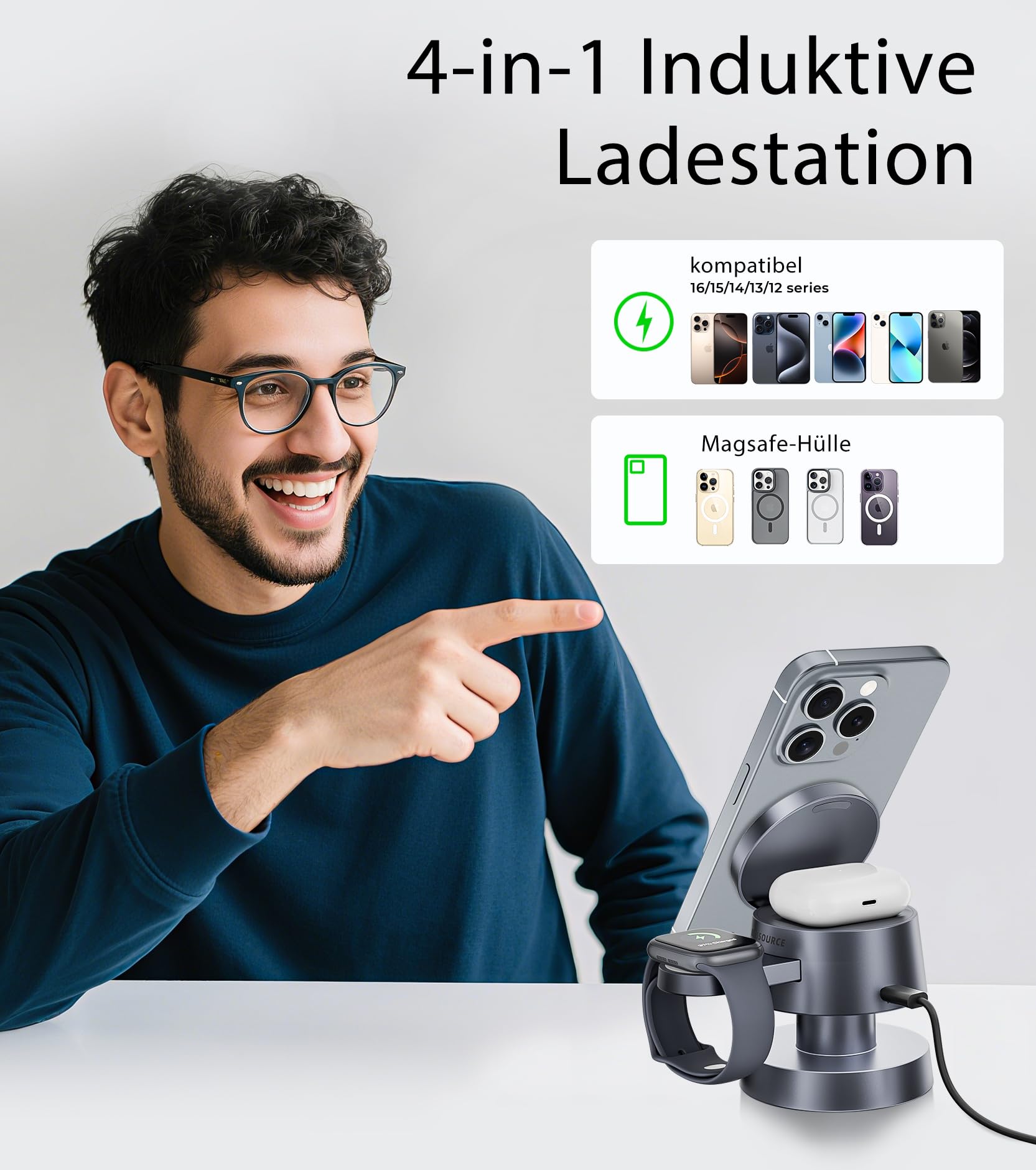 Estación de carga inductiva 4 en 1 para iPhone 17/16/15/14 Pro Max, cargador inalámbrico con luz nocturna para Apple Watch AirPods.