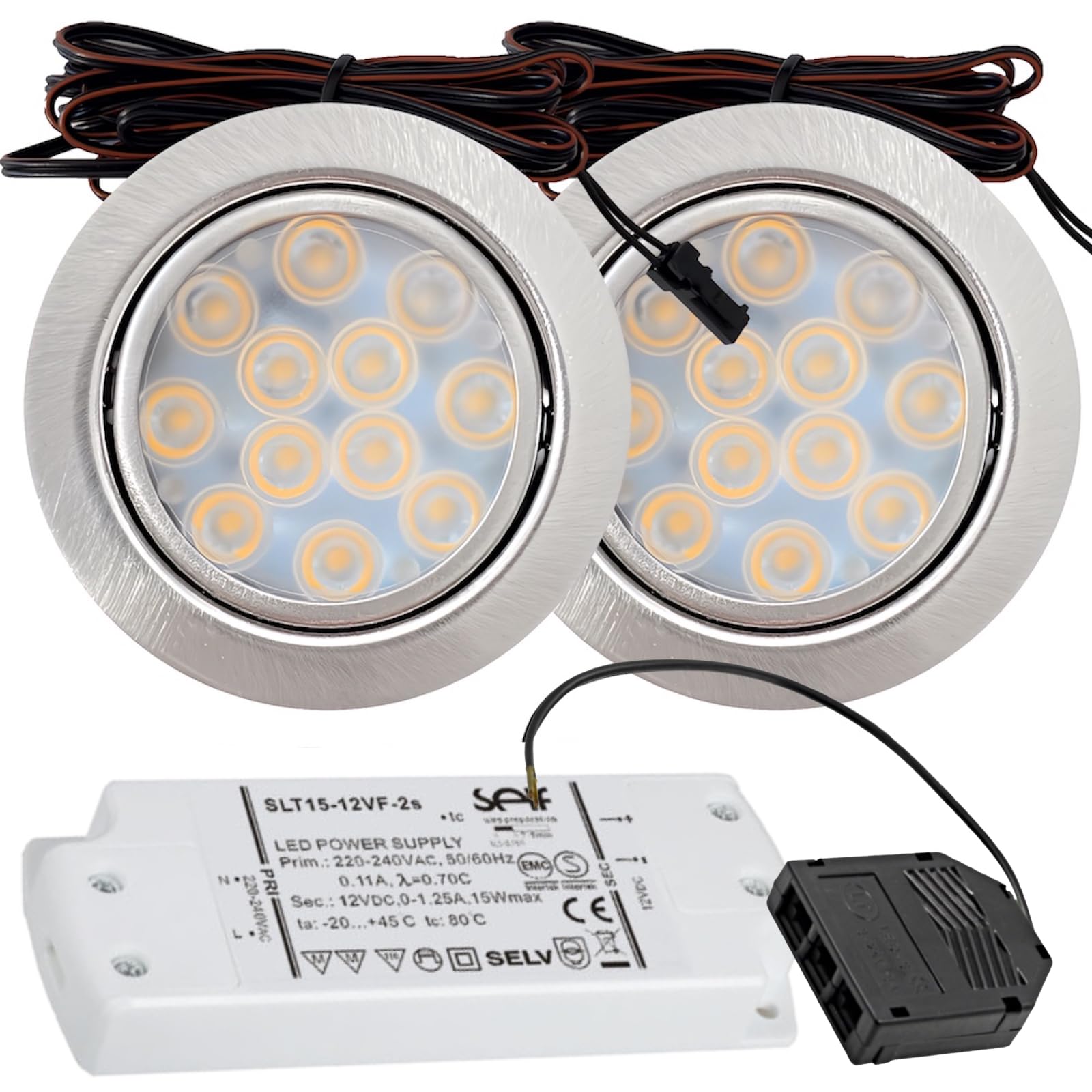 12V Möbeleinbaustrahler LED flach 2 x 3W Einbauleuchten Lotta 200lm mit LED Trafo und Mini Verteiler 3000K Warmweiß Lochausschnitt: 55 bis 60mm