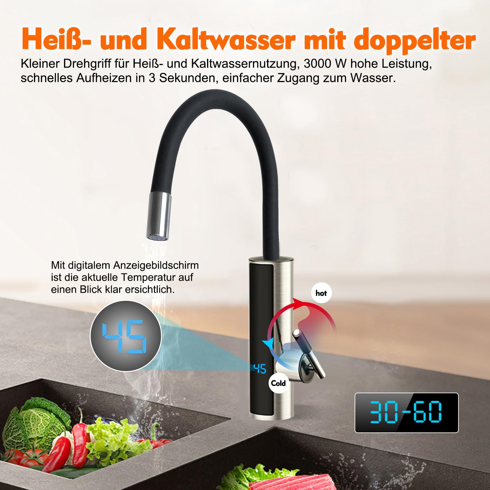 Wasserhahn mit Durchlauferhitzer 230V Küche Edelstahl Elektrischer Durchlauferhitzer Wasserhahn mit 360 ° Drehbarer Wasserhahn,LED-temperaturanzeige
