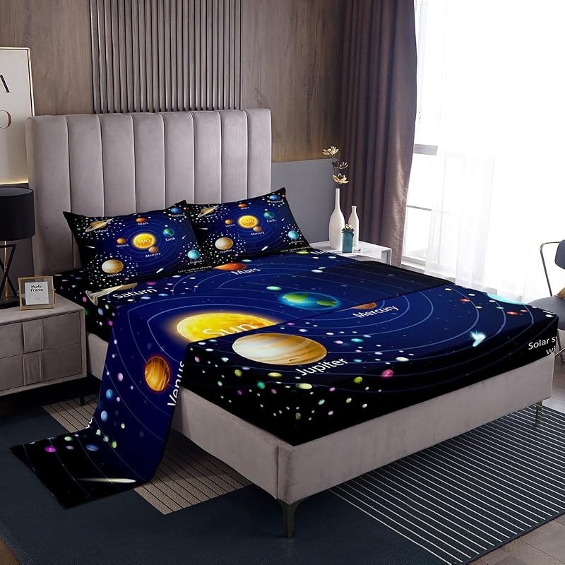 Kids Outer Space Bed Sheets Boys Starry Sky Galaxy Sheet Set 3 Pcs Planet Space Sheets Set + Deep Pocket Fitted Sheets+ Solar System Flat Sheet + Cosmos Decor 1 Pillow Sham, Twin, Blue Purple