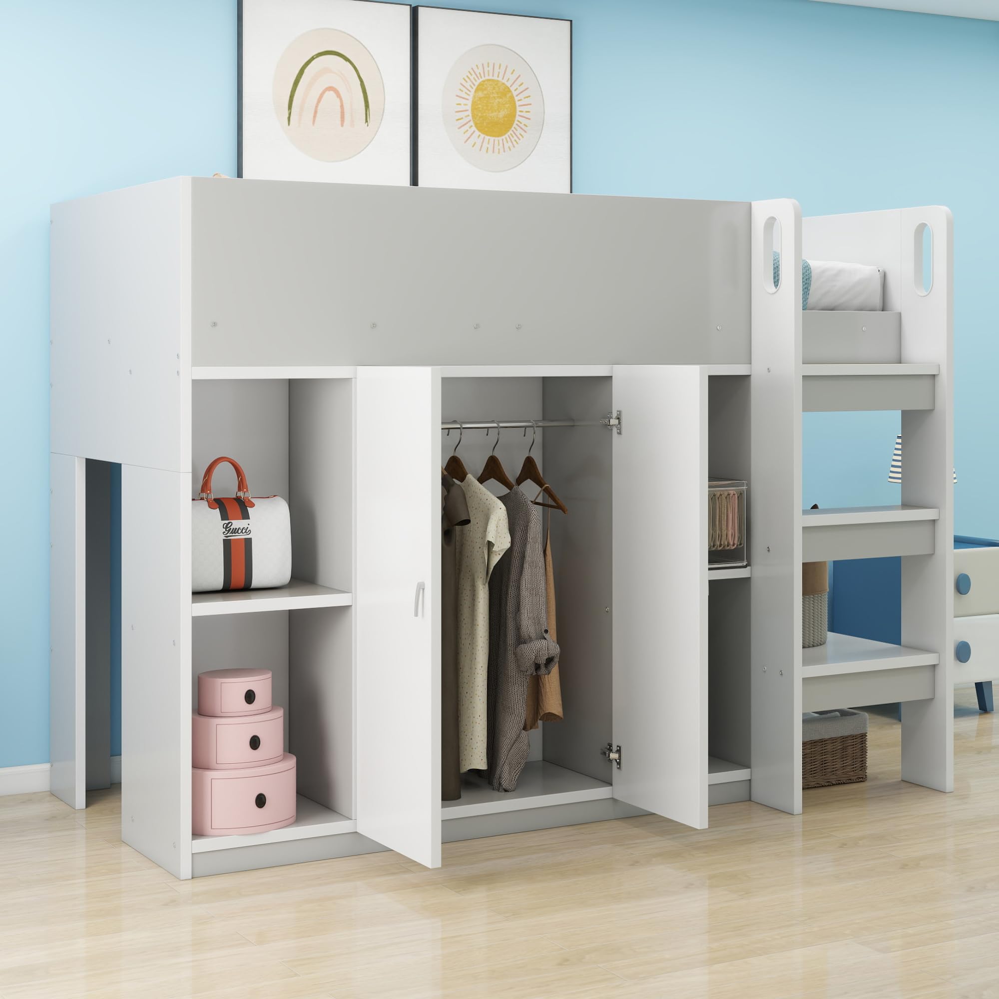 Azkoeesy Letto a Soppalco Singolo con Armadio, 90x200 cm, Spazio di Archiviazione, Scale, Ringhiera e Doghe, per Adolescenti e Adulti, in Truciolame, Grigio