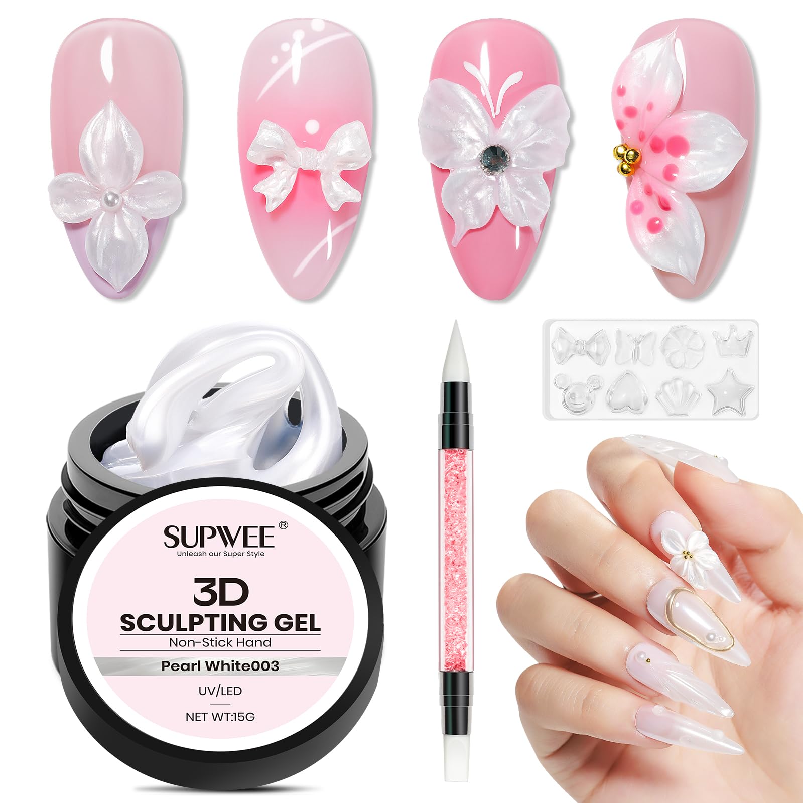 SUPWEE Solid Builder żel do paznokci 15 g, nieprzywierający żel 3D Nail Art perłowo-biały, rzeźba, żel do paznokci 3D, "zrób to sam" do samodzielnego wykonania w domu