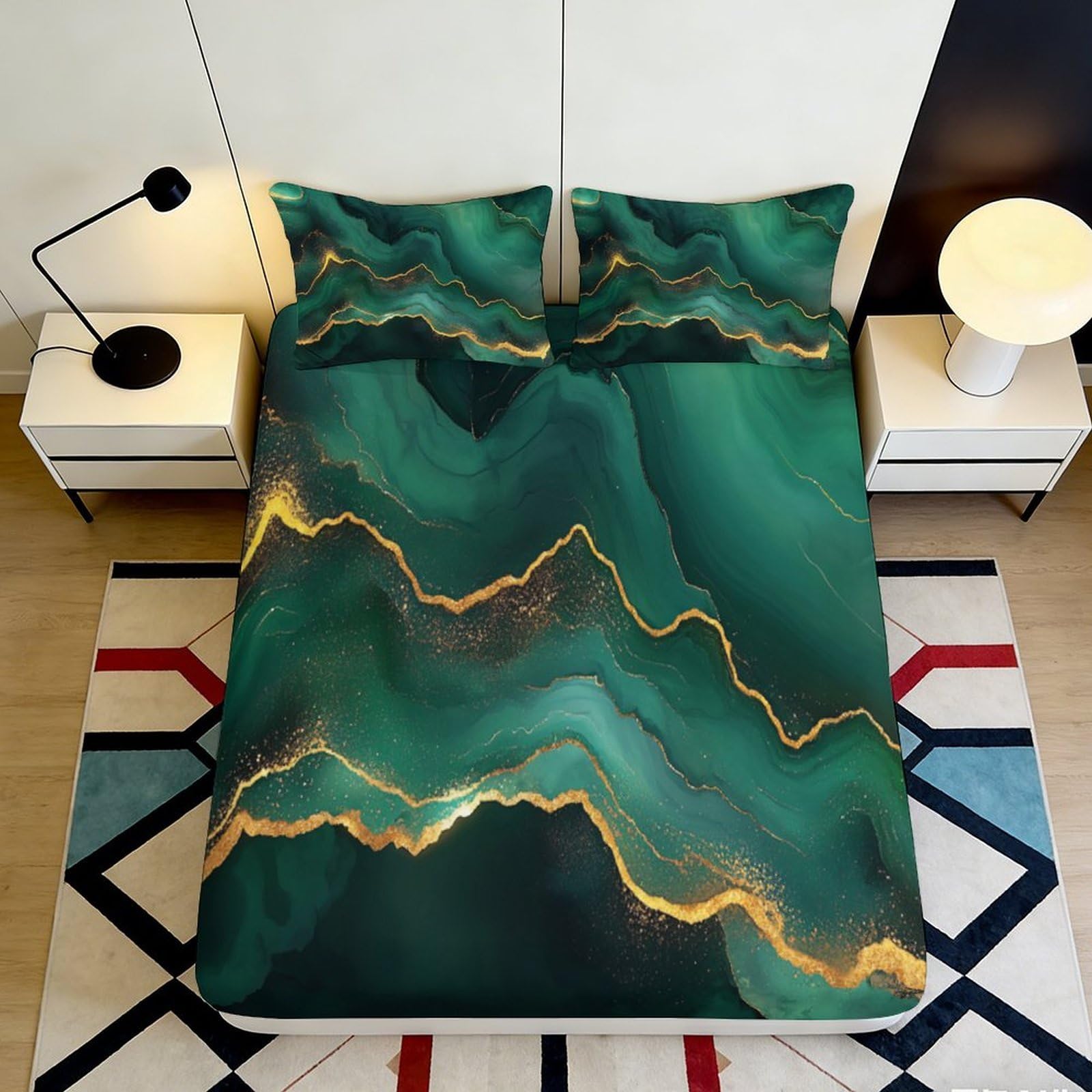 3D Printed Emerald Marble Fitted Sheet Microfiber Soft Breathable Gold Vein Mattress Cover for Bedroom Dorm Decor 90x200x25cm
