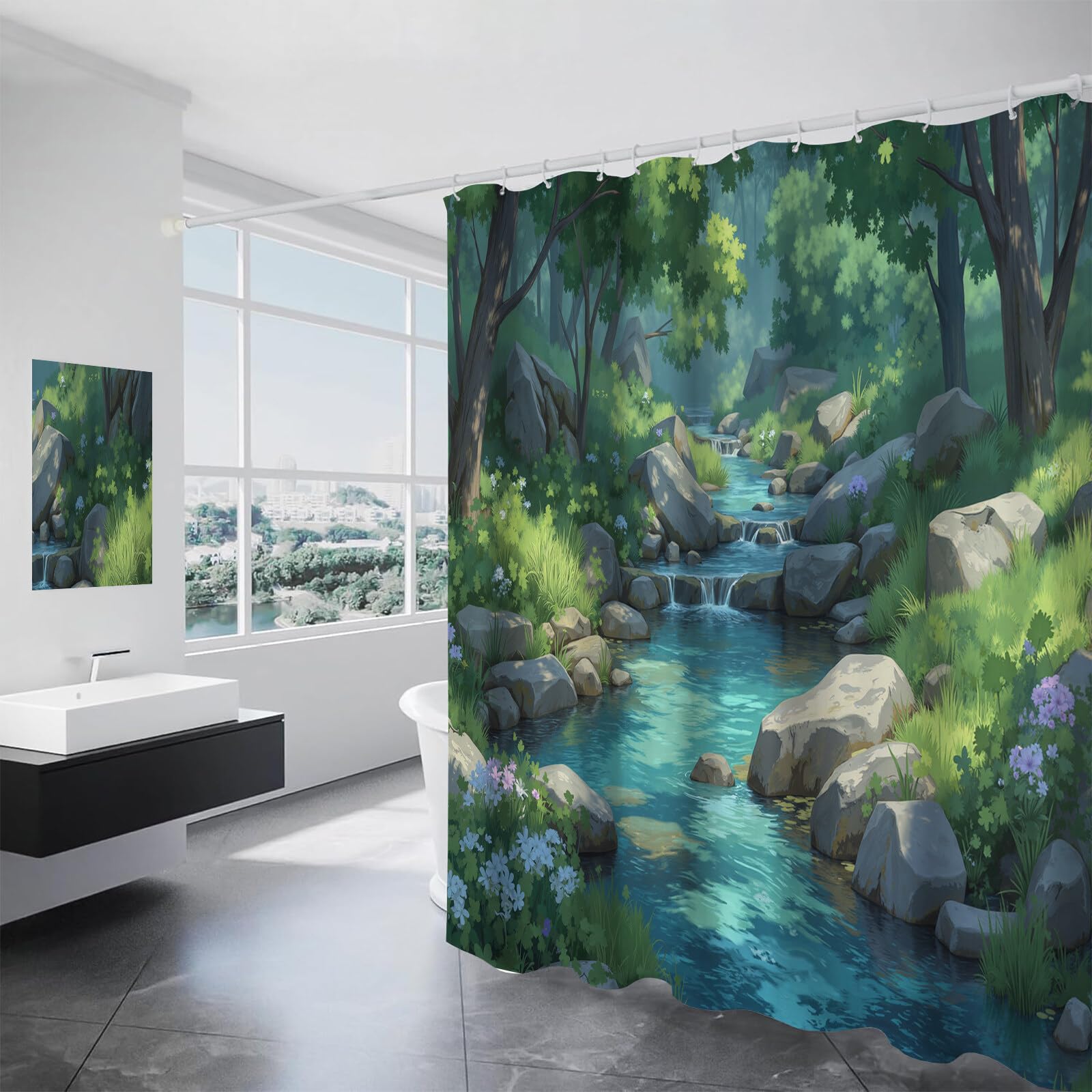 Rideau Douche,Rideau Baignoire Lavable en Machine Rideaux Douche Tissus Lavable Rideau De Baignoire Lavable pour Salle De Bain Domicile Baignoire Famille,Ruisseau Rocheux,