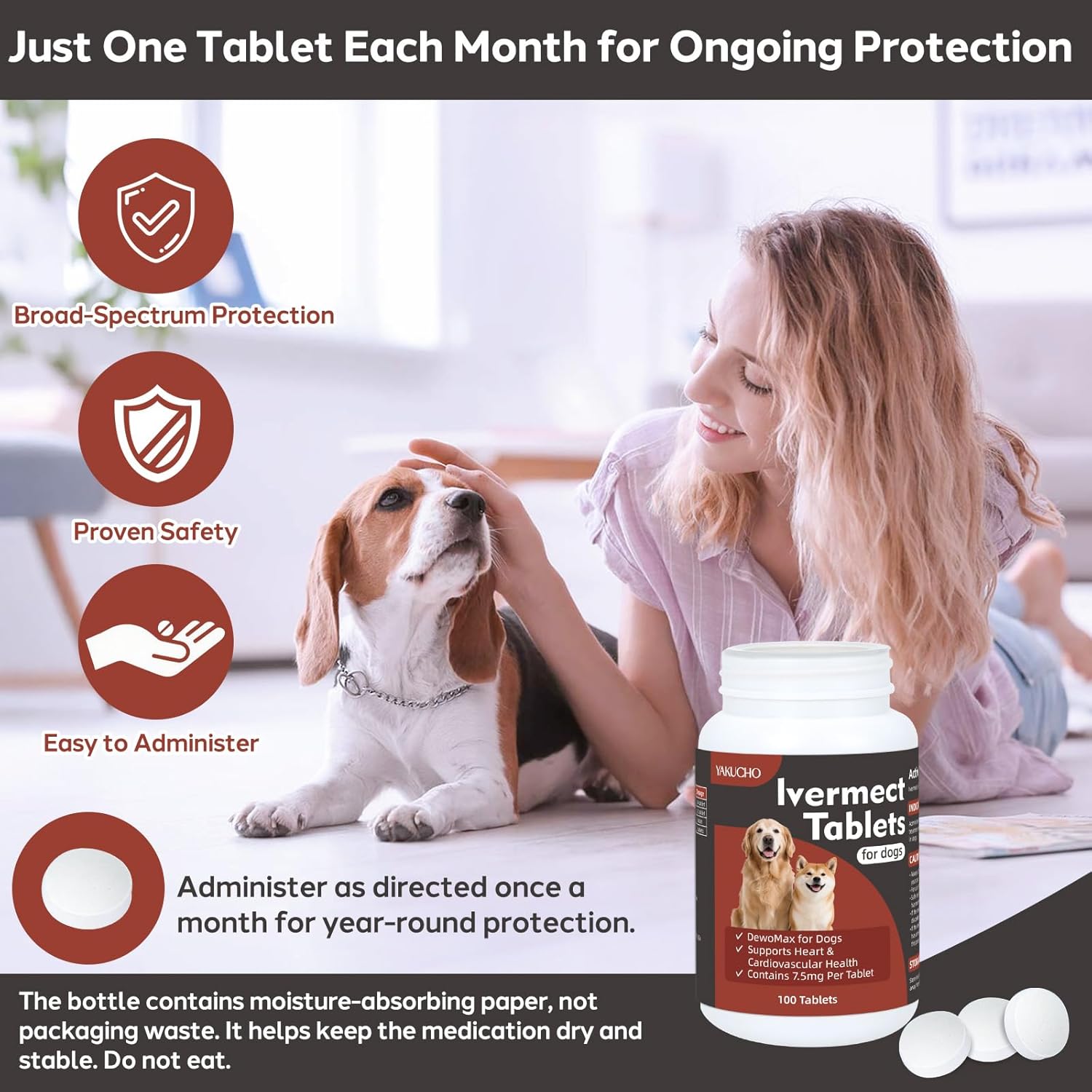 Young Heart for Dogs, lvermect Tablets for Dog – Hawthorn Prevention for Dogs, Heart Health, Circulatory & Cardiovascular System – 7.5 mg, 100 Tablets