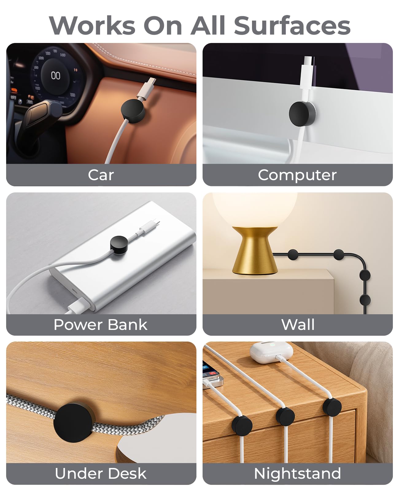 Maveek Magnetischer Kabelhalter, Kabel-Management, starke Kabel-Clips, Magnete, Metallplatte, selbstklebende Draht-Organizer für Nachttisch, Schreibtisch, Wand, Küche, USB-LAN, Schwarz, 5 Stück