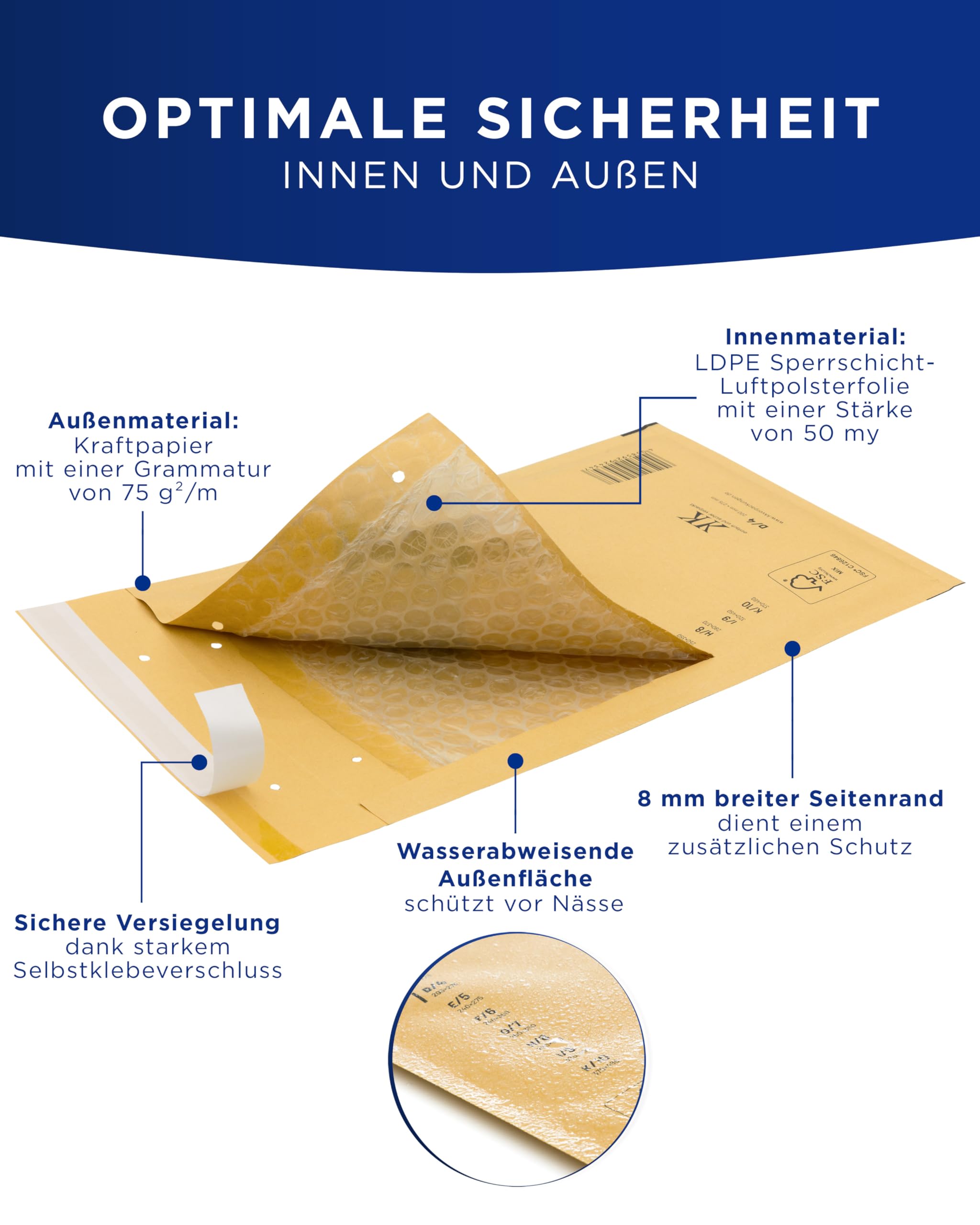 KK Verpackungen 300x Luftpolster-Versandtaschen F6 F/6 240 x 350 mm (Außenmaß) in Braun | Luftpolsterumschläge Luftpolstertaschen selbstklebend für DIN A4+