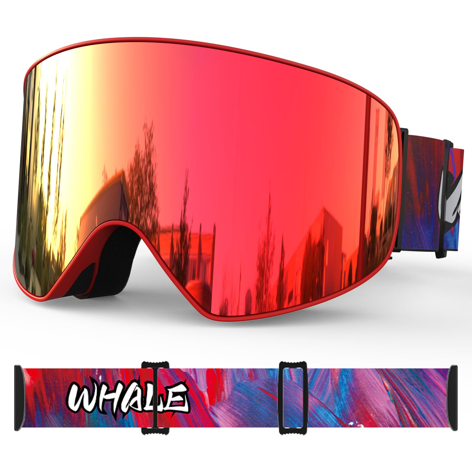 Whale Lunettes de ski OTG anti-buée sans monture pour homme, femme et jeune – Protection UV à 100 %
