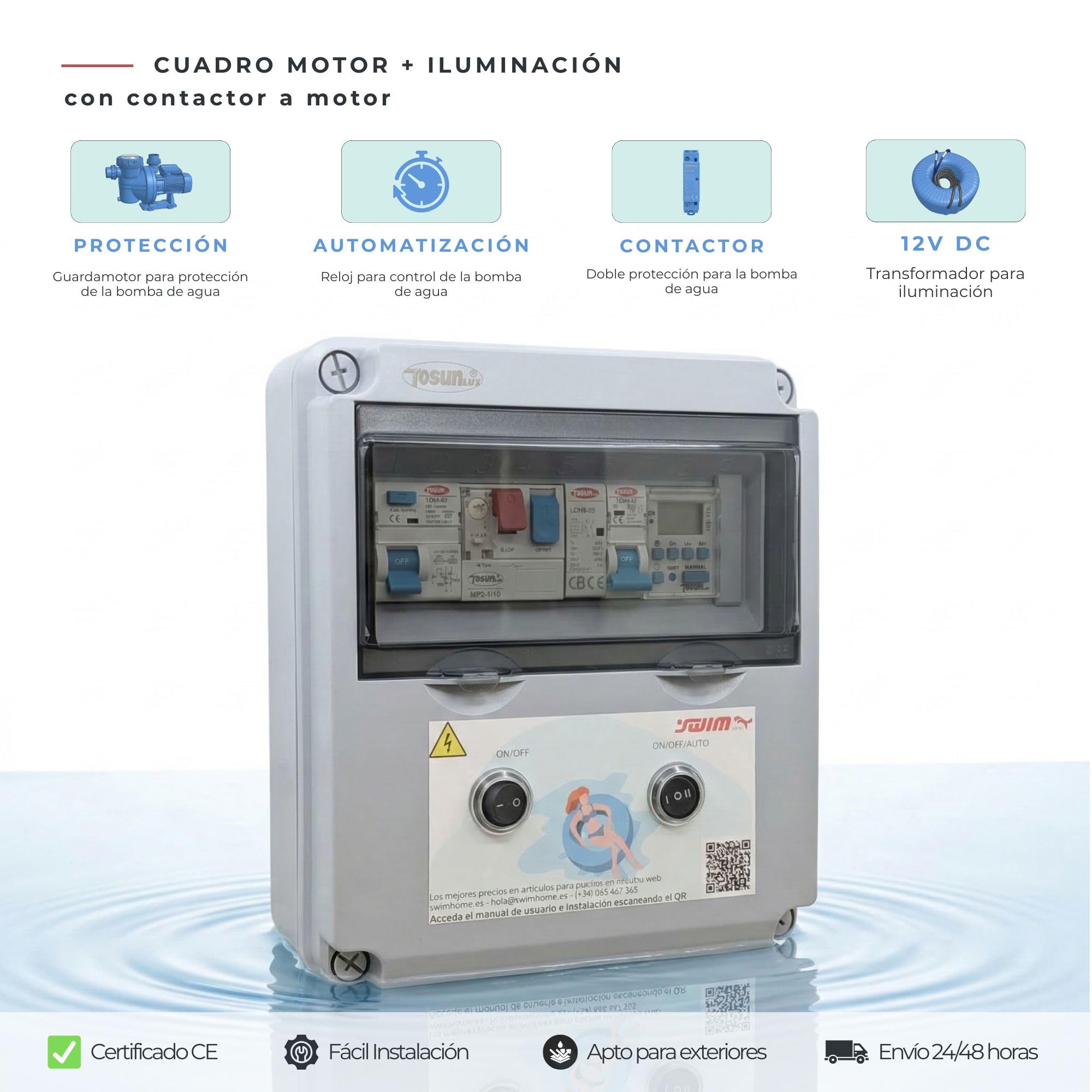 Tosun Cuadro Eléctrico Piscina, Transformador 60W 12V DC, Control WiFi y Reloj, para Bomba 0,5 CV, Gris