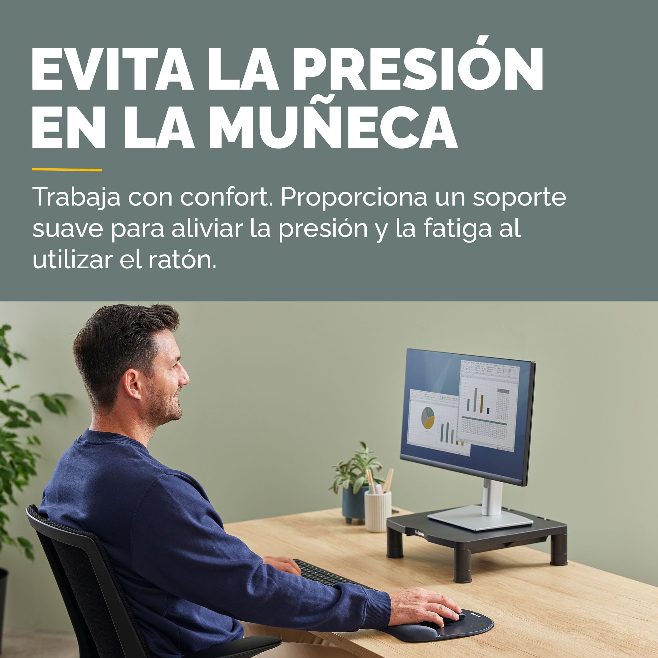 Fellowes Alfombrilla para ratón con reposamuñecas Everyday - Alfombrilla para ratón ergonómica para ordenador portátil, reposamuñecas ergonómico - Negra