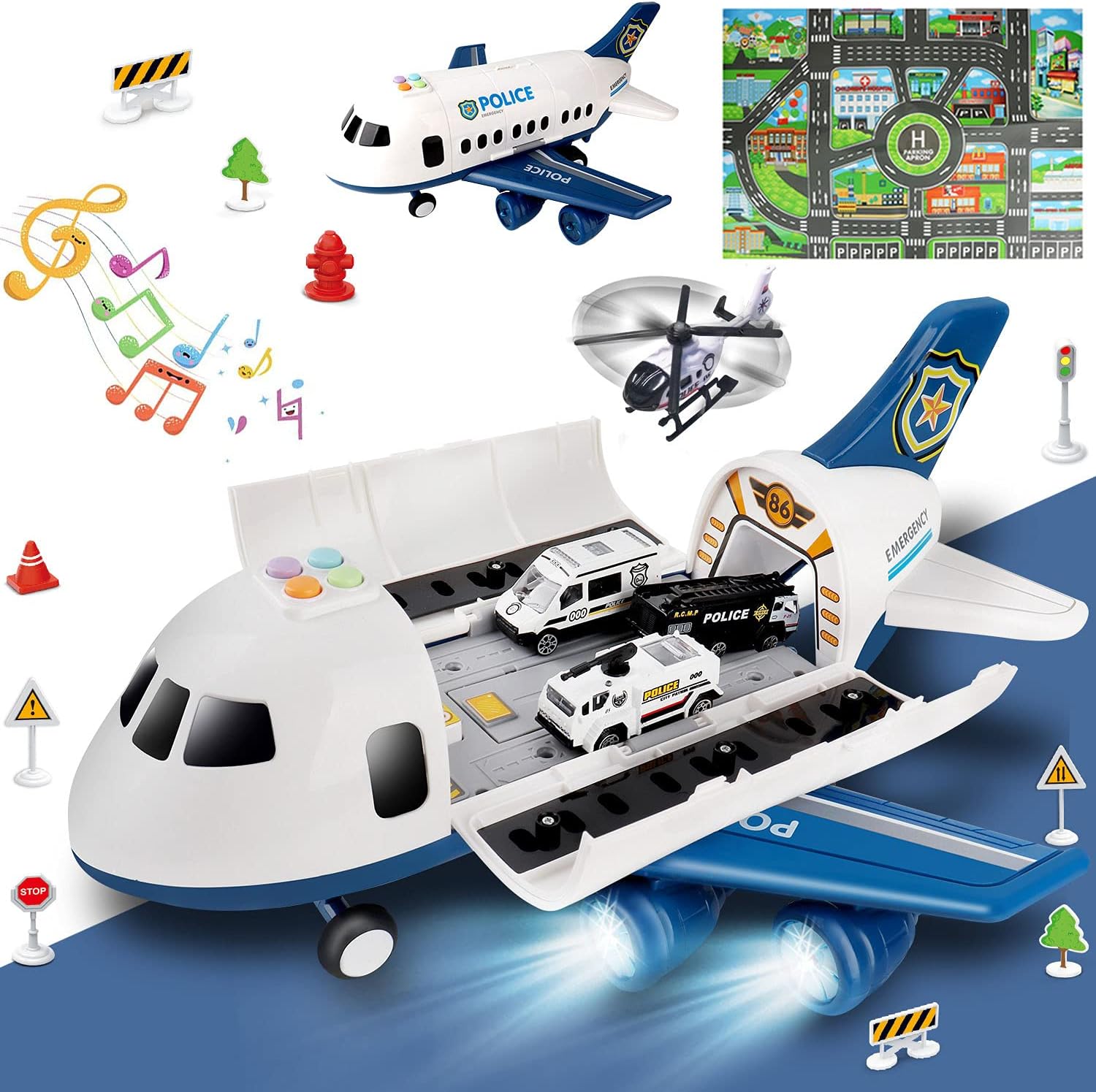 Dwi Dowellin Transport Cargo Airplane Toys with Police Cars Toy Set and Play Mat,Plane with Light Up and Sounds,Birthday Gift for 3 4 5 6 Years Old Kids Boys Girls(Large)