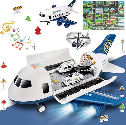 Miniatura 11 de Dwi Dowellin Juego de juguetes de avión con camión de bomberos y tapete de juego, avión con luz y sonidos, regalo de cumpleaños para niños y niñas