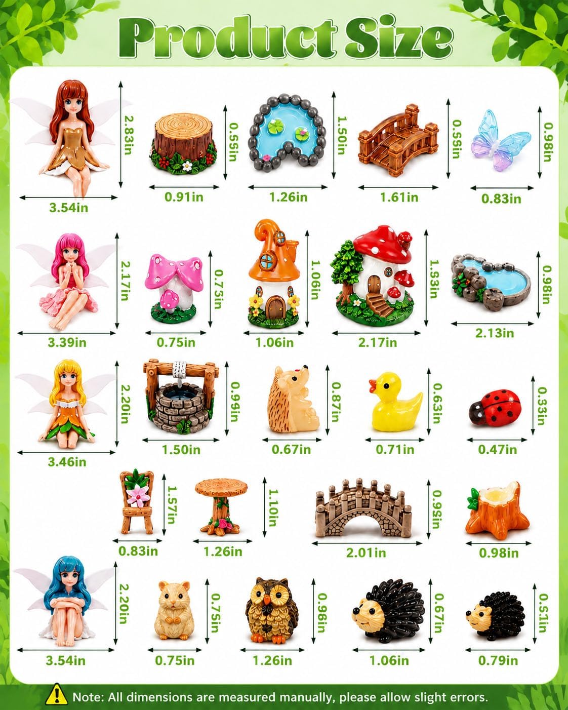 32 Pcs Fairy Garden Accessories Kit for Terrariums and Planters| Multicolored Resin Miniatures with Fairies, Animals, Mushrooms, Bridges, Pond, Well, and Table Set for DIY Decor