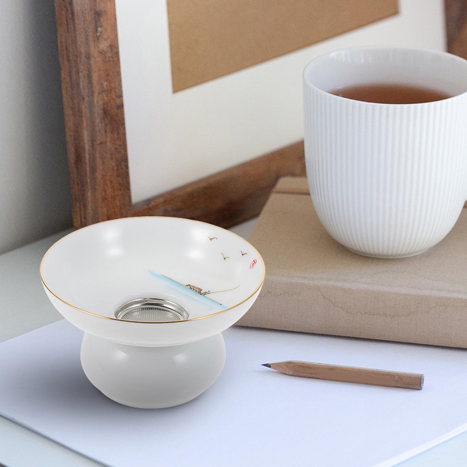 Infuseur à Thé en Céramique Passoire Fine et Support, Accessoire pour Cérémonie de Thé, Filtre Réutilisable pour Maison et Bureau, Style Classique Blanc
