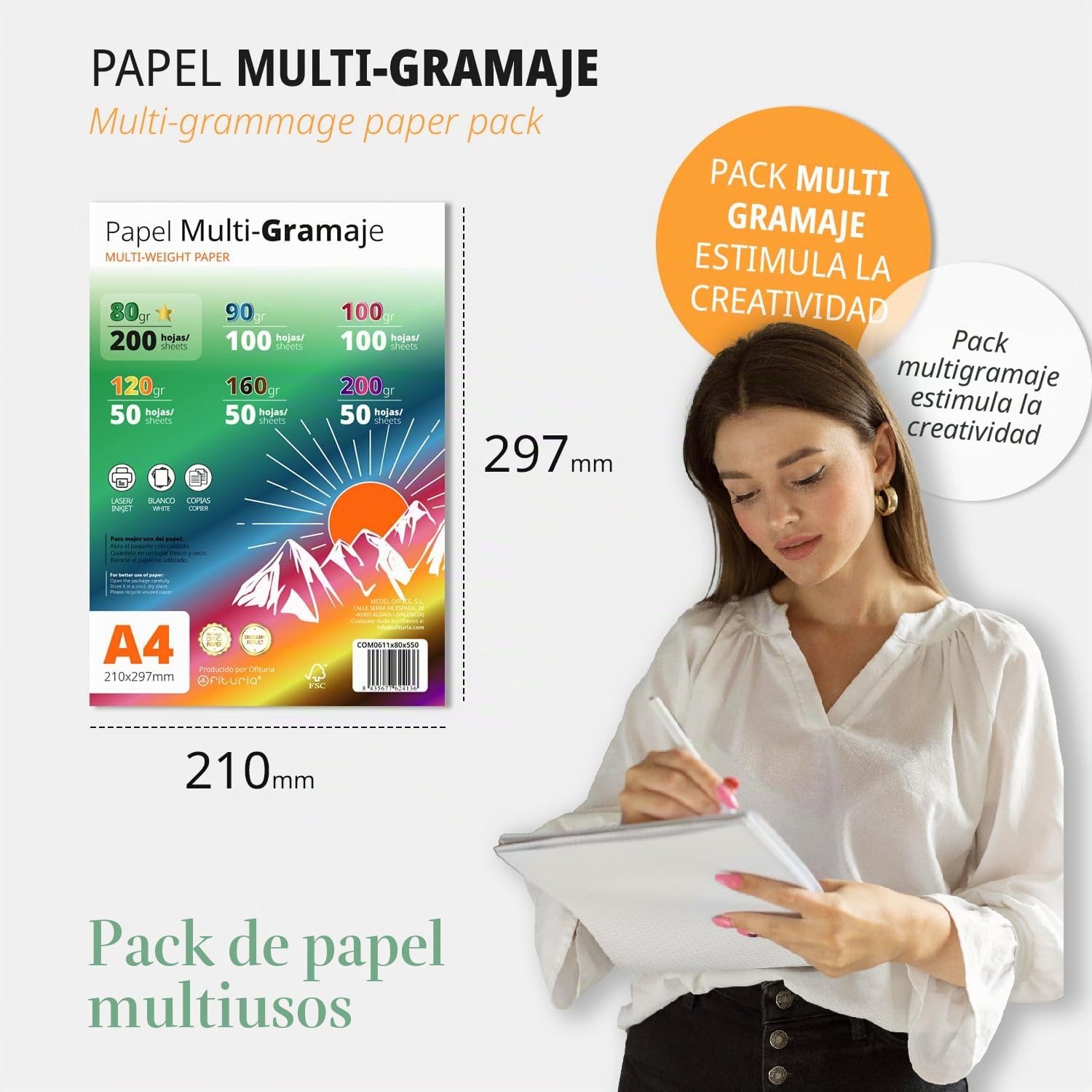 Hojas A4, Papel Multi-Gramaje para Impresora, Escribir, Dibujar o Manualidades, Folios Blancos, Papel A4 para Uso Doméstico, Escolar o Empresarial - Ofituria (Pack Multi-Gramaje 160gr+)